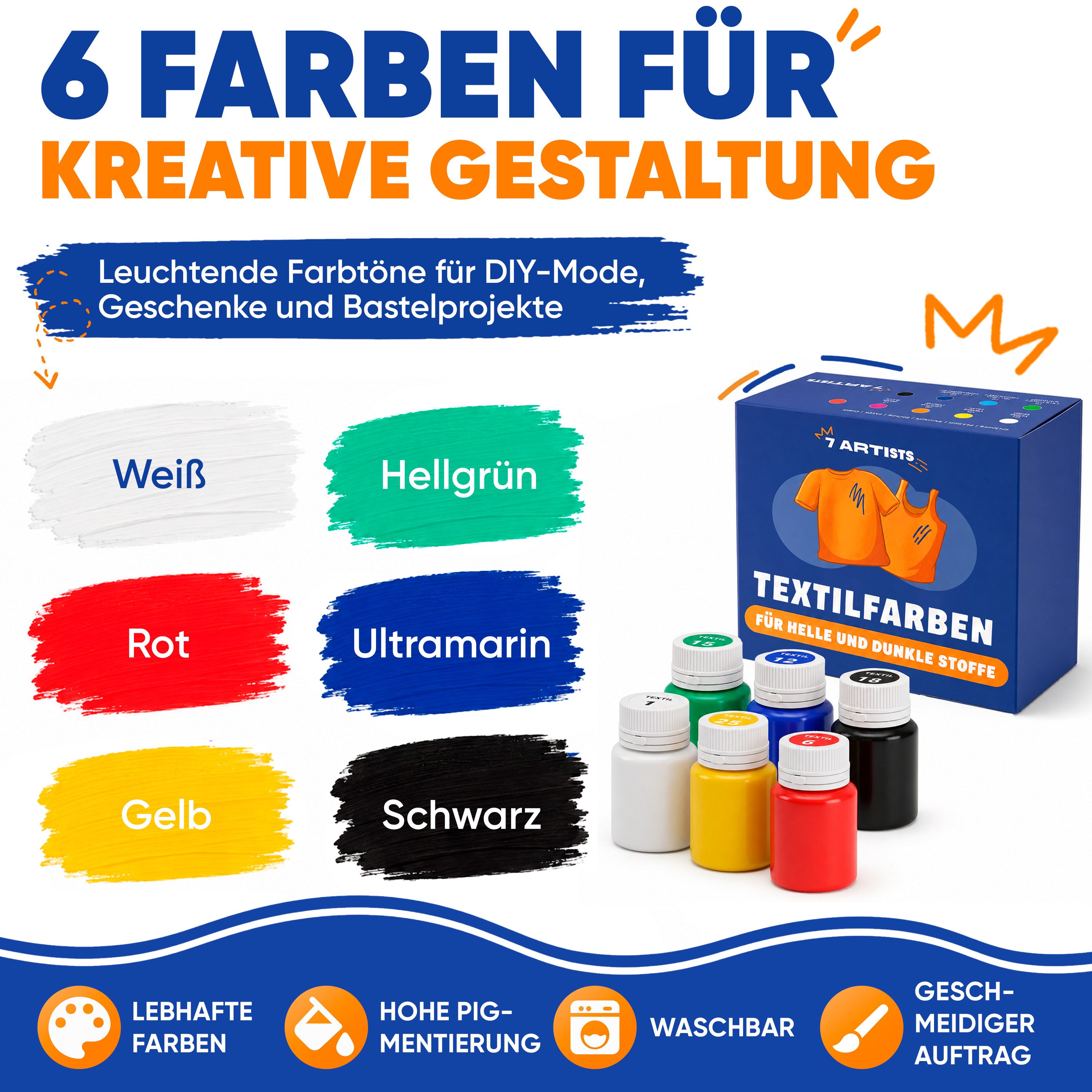 7 Artists Textilfarbe Textilfarbe Waschmaschinenfest Set - Stoffmalfarben Waschfest, für helle und dunkle Textilien