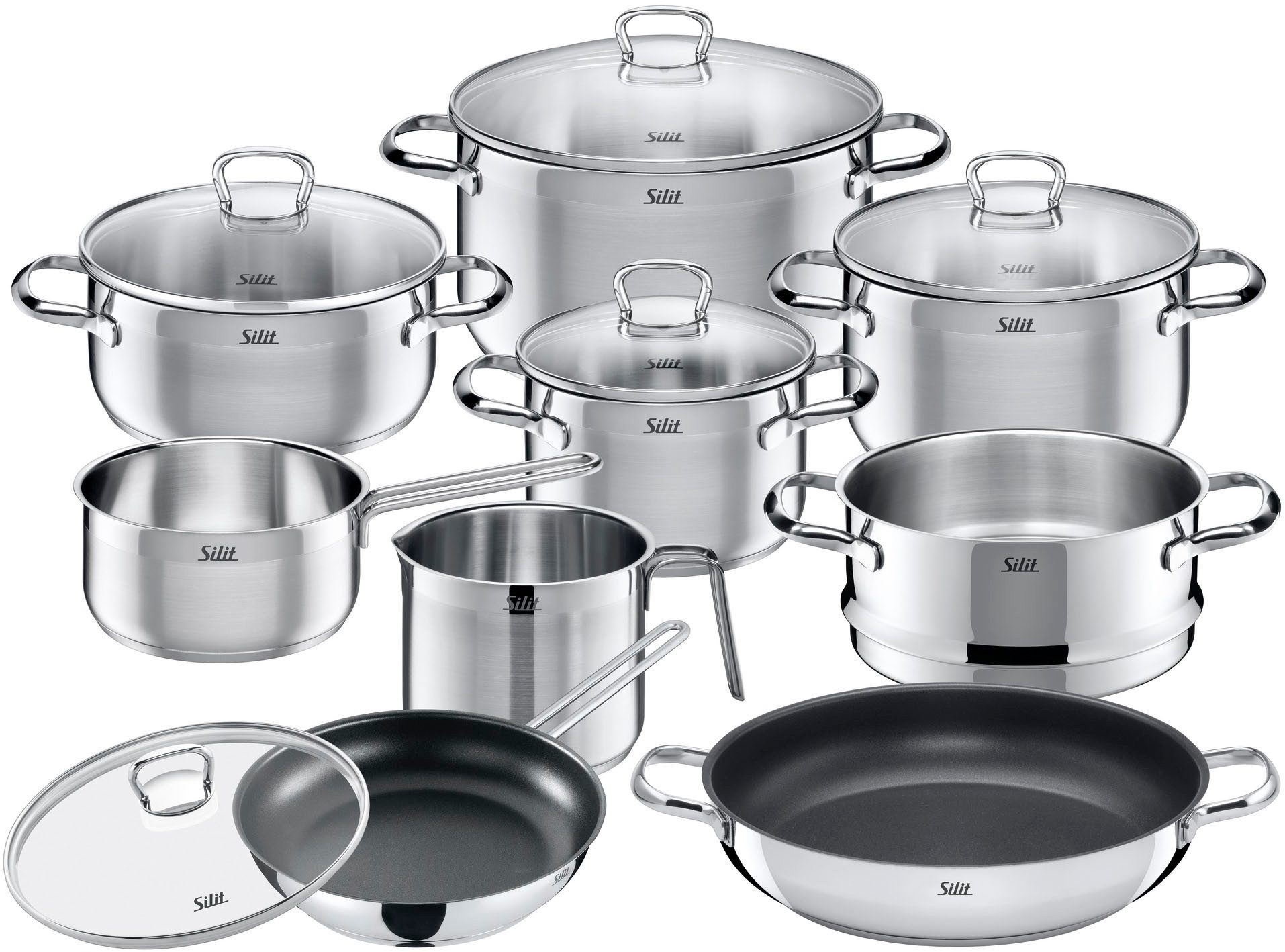 Silit Topf-Set Toskana, Edelstahl 18/10 (Set, 14-tlg., mit Milchtopf und Dampfgareinsatz), Silitherm-Allherdboden, induktionsgeeignet, spülmaschinengeeignet