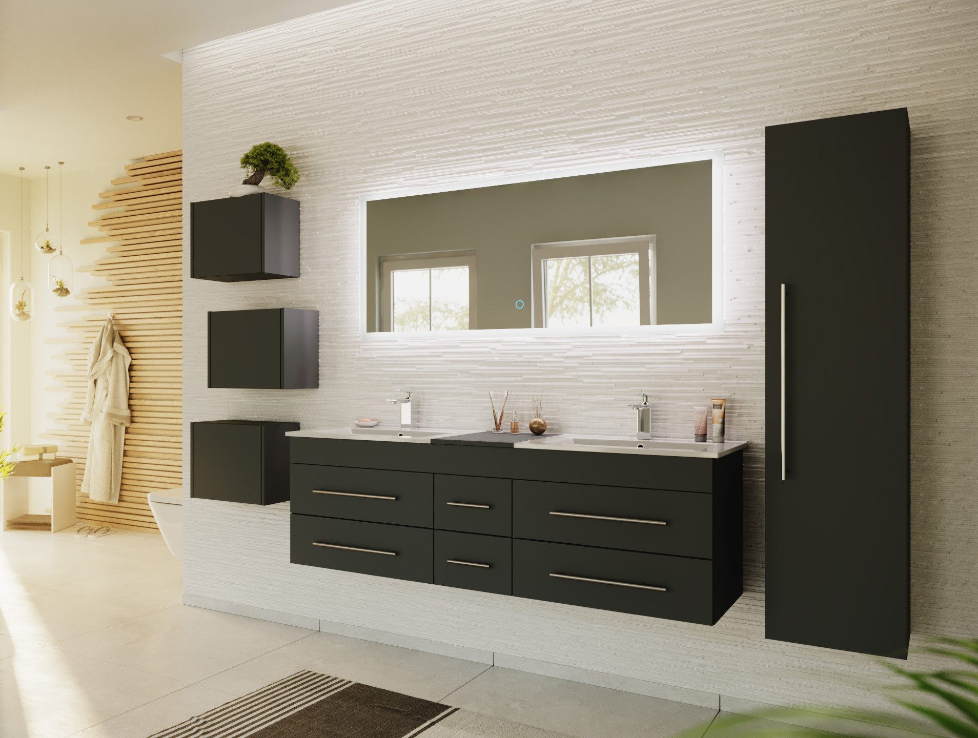 Magnolia Home Waschtisch Badmöbelset Roma XL 4-teilig LED-Spiegel Hochschrank 3er Boxen grafit