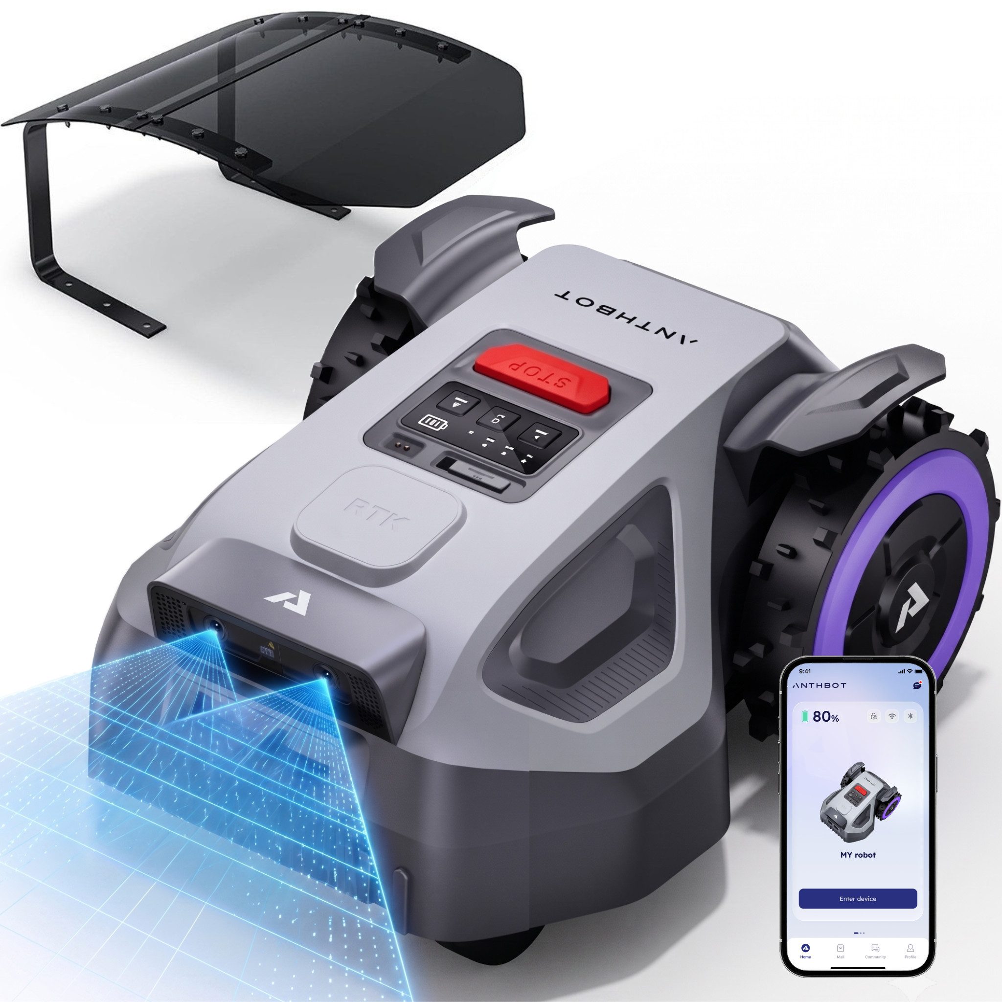 ANTHBOT Rasenmähroboter M5 Serie Ohne Begrenzungskabel mit RTK-Navigation & HDR-Dual-Vision, bis 700 m² Rasenfläche, (mit 4G-Modul, Schnitthöhe per App), Steigungen bis zu 45%, aktiver Tierschutz & KI-Hindernisvermeidung
