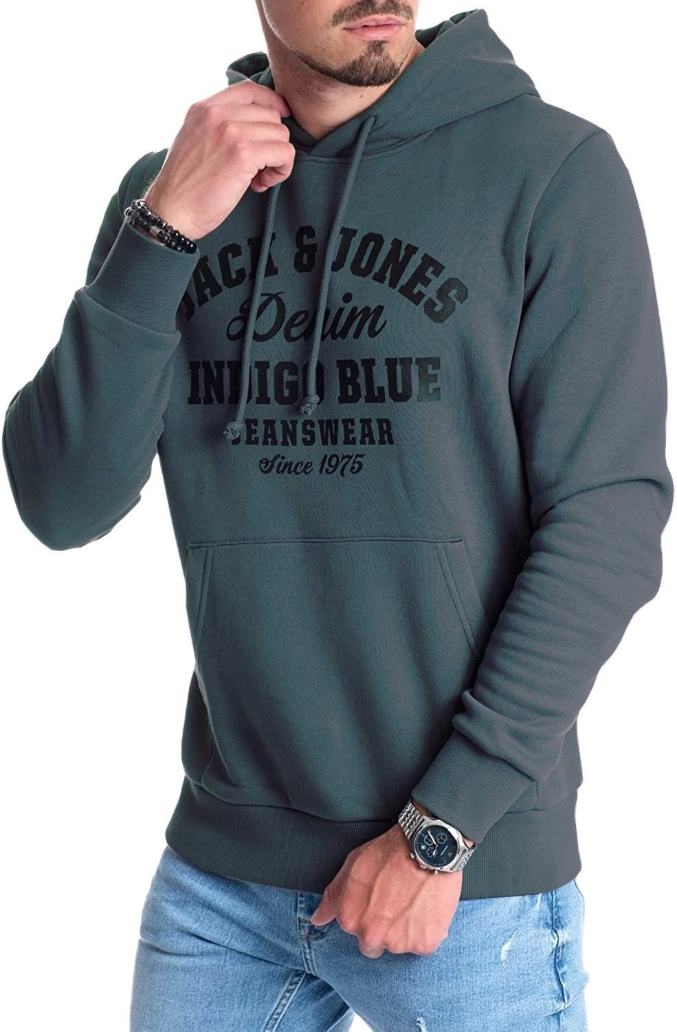 Unifarbe Dark & Kängurutasche, T-Shirt Kapuze, in Slate-Black mit Jack Jones Logodruck, mit