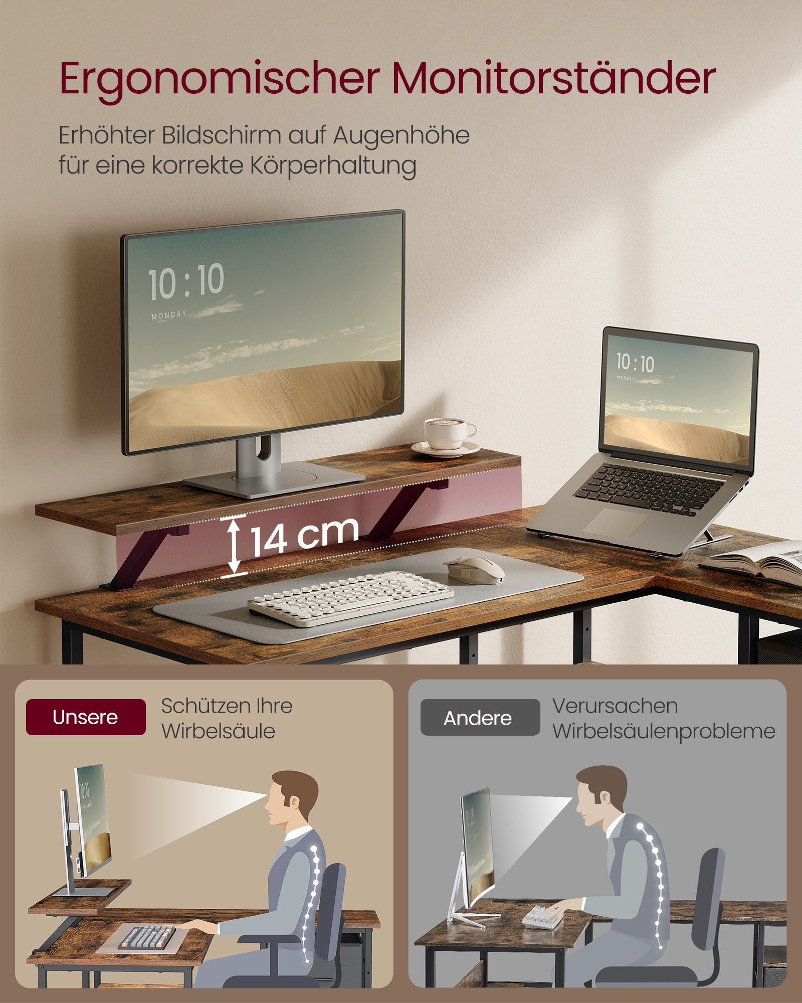 VASAGLE Eckschreibtisch L-förmiger Schreibtisch, 2 Schubladen, Computertisch, für Homeoffice, mit Monitorständer, mit verstellbarer Ablage, 115 x 105 cm – Bild 5 von 5