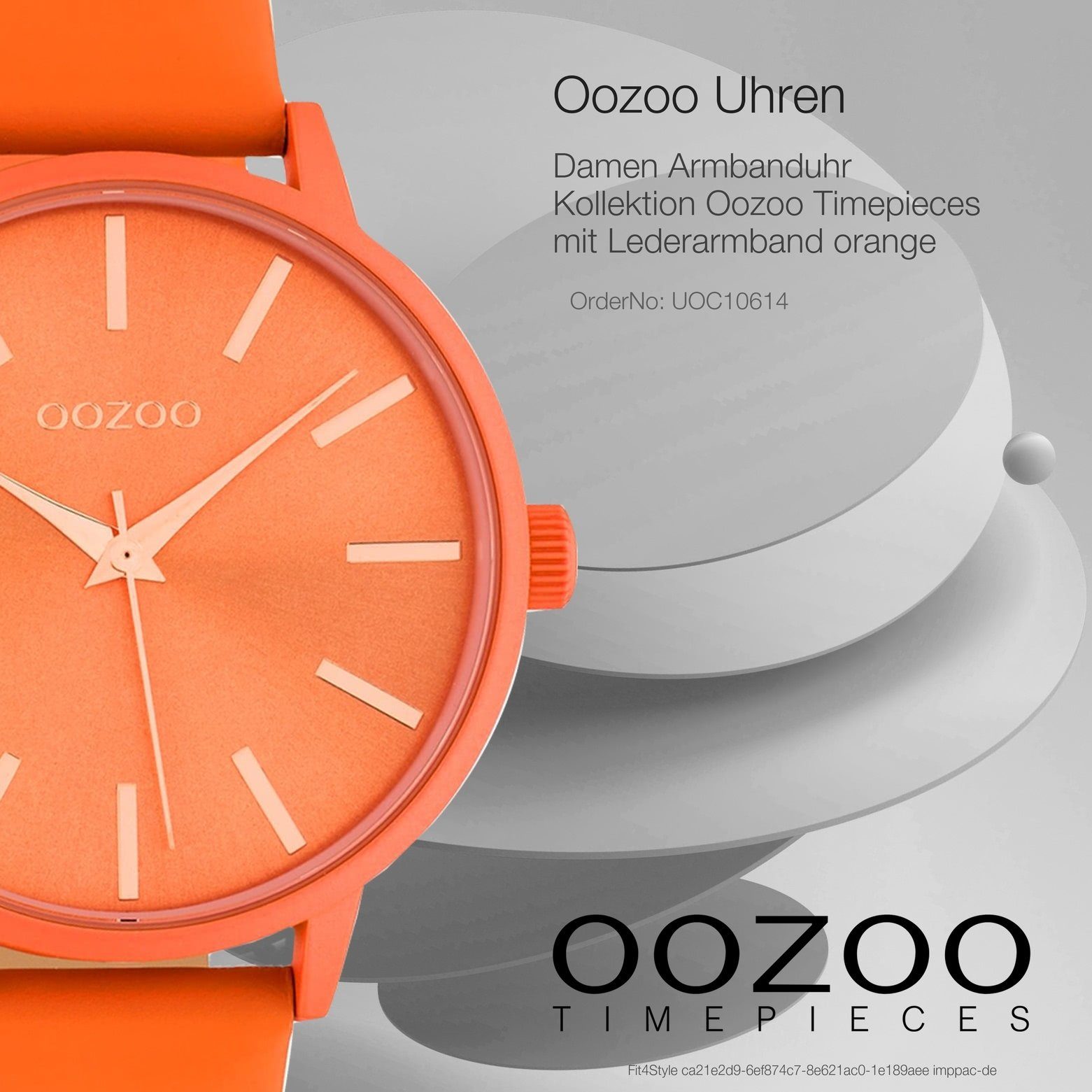 OOZOO Quarzuhr Oozoo Damen orange, Armbanduhr Lederarmband, 42mm) Damenuhr Fashion-Style rund, groß (ca