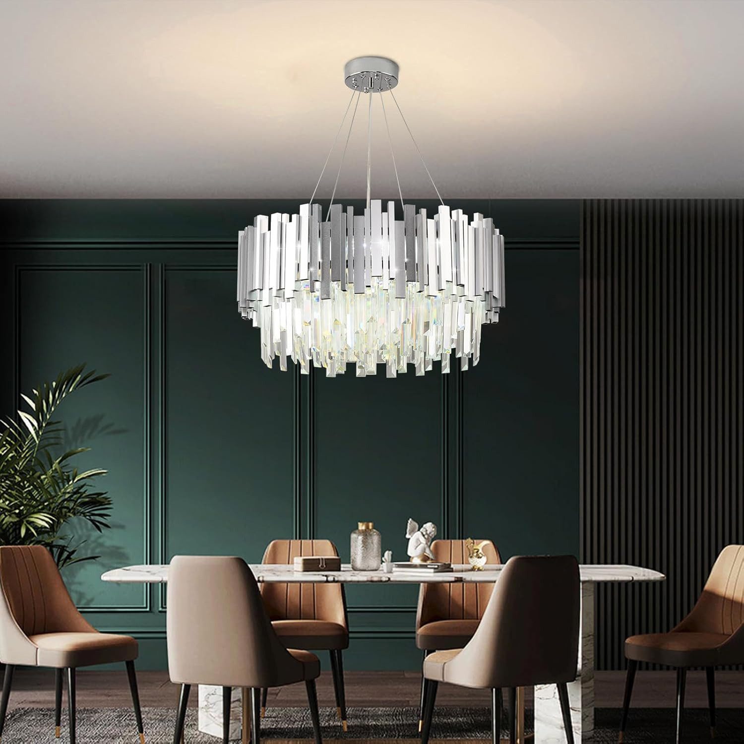 RRBEST Kronleuchter Kristall Leuchte, Kristall Deckenleuchte Silver, 9xE14 Lichter, für Esszimmer, Küche, Wohnzimmer, Schlafzimmer, Flur, Café, Bar
