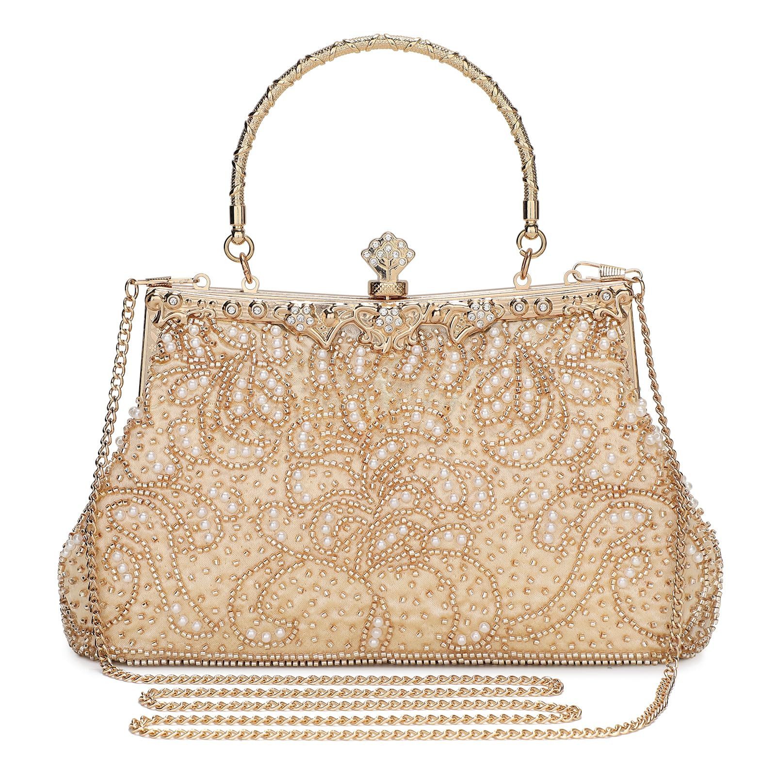 Agger Abendtasche Glitzer-Abendtasche, Elegante Clutch Damen mit Kette,Vintage-Tasche, Handtasche mit Perlen,für Hochzeit, Party, Freizeit, Date