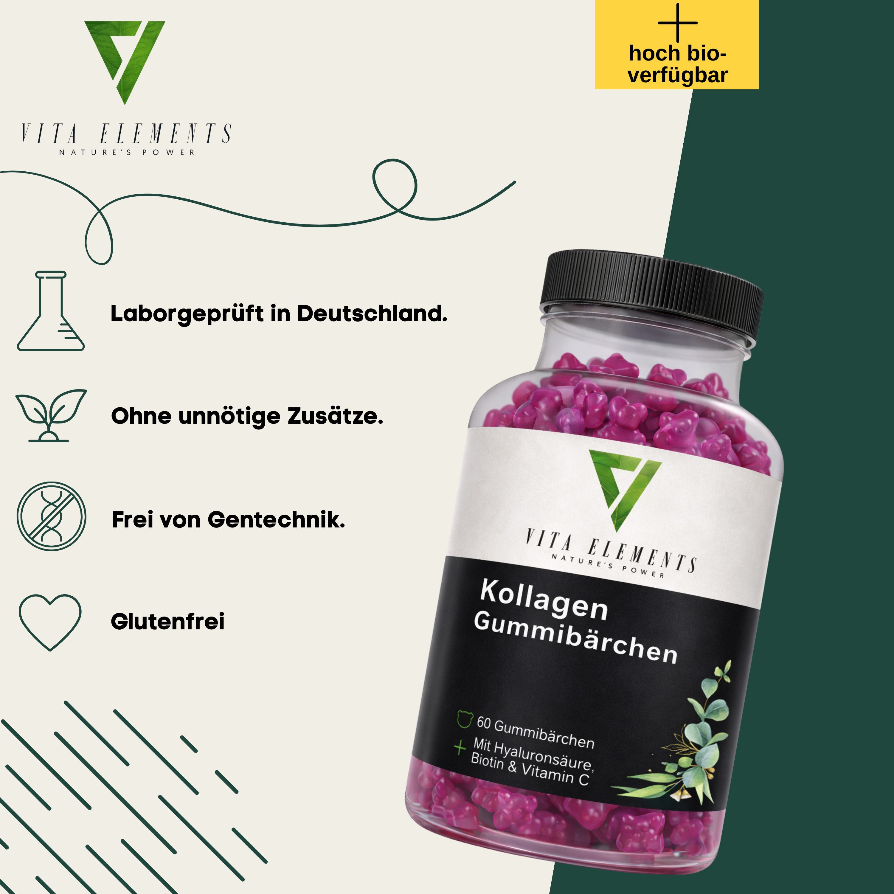 Vita Elements Kollagen Gummibärchen, 60 St., Glutenfrei ohne Gentechnik Laborgeprüft in Deutschland Gummies
