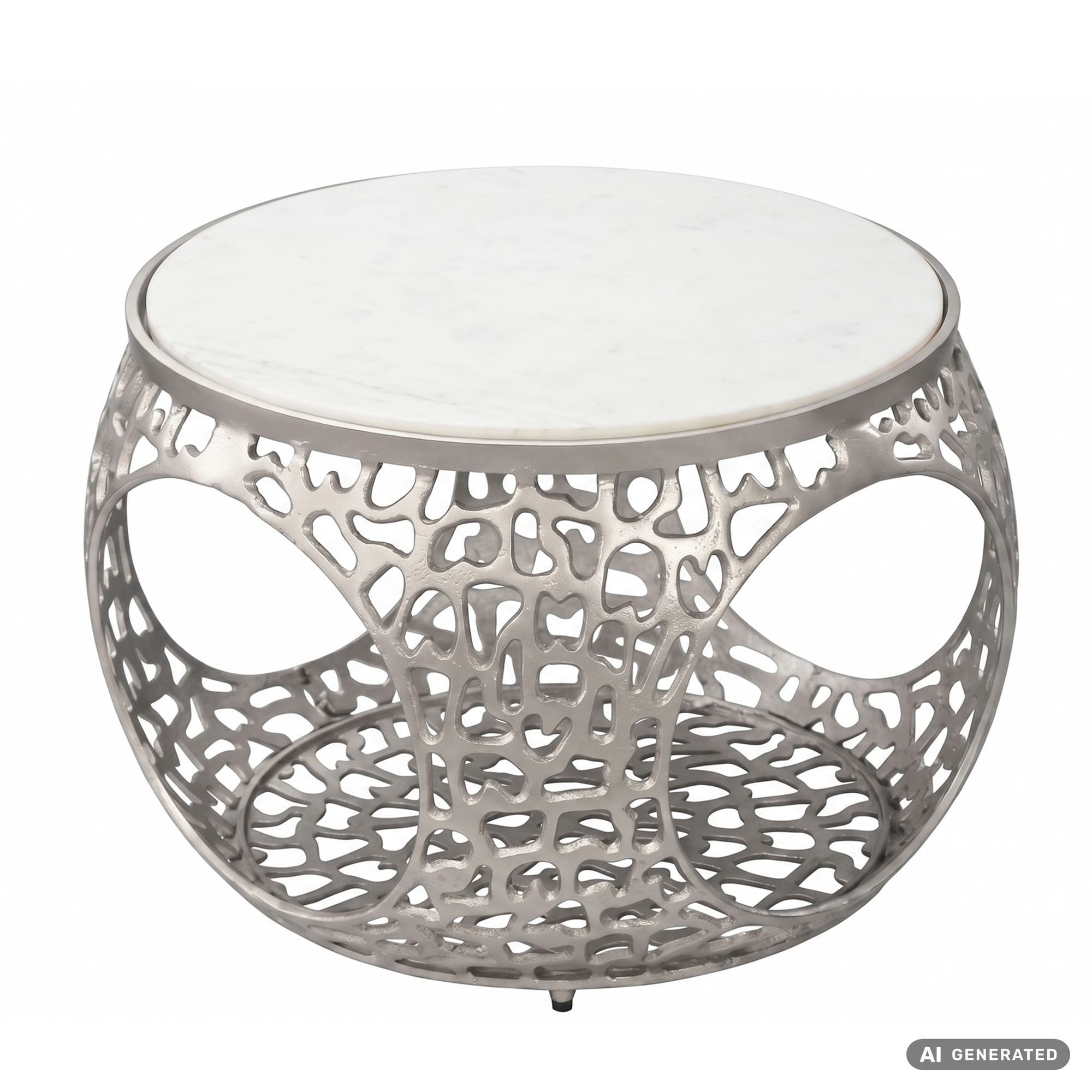 Wohnling Couchtisch WL7.352 Sofatisch Marmor Wohnzimmertisch 60cm rund Tisch Stauraum (Edles Möbelstück mit massiver Gesteinsplatte), Bauchiges Metallgestell als Blickfang