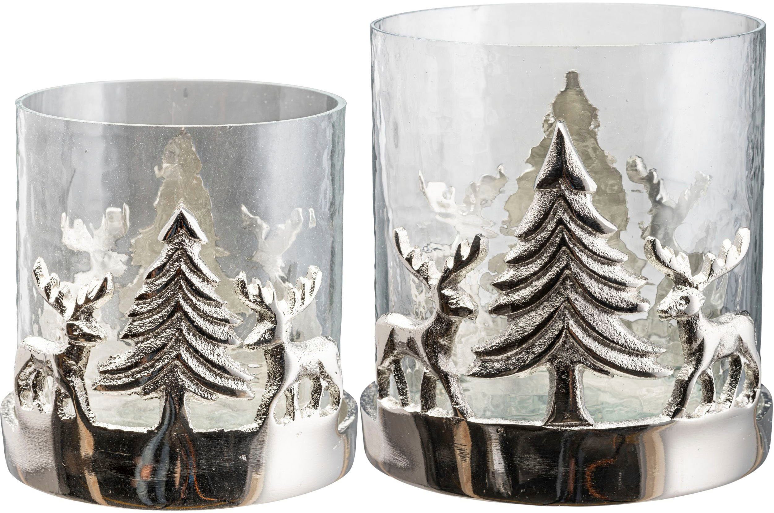 Creativ home Windlicht Kerzenhalter Weihnachtslandschaft, mit Baum und Reh (Set, 2 St), Teelichthalter, Weihnachtsdeko mit Hirsch und Tanne, Höhe 10 + 15 cm silberfarben