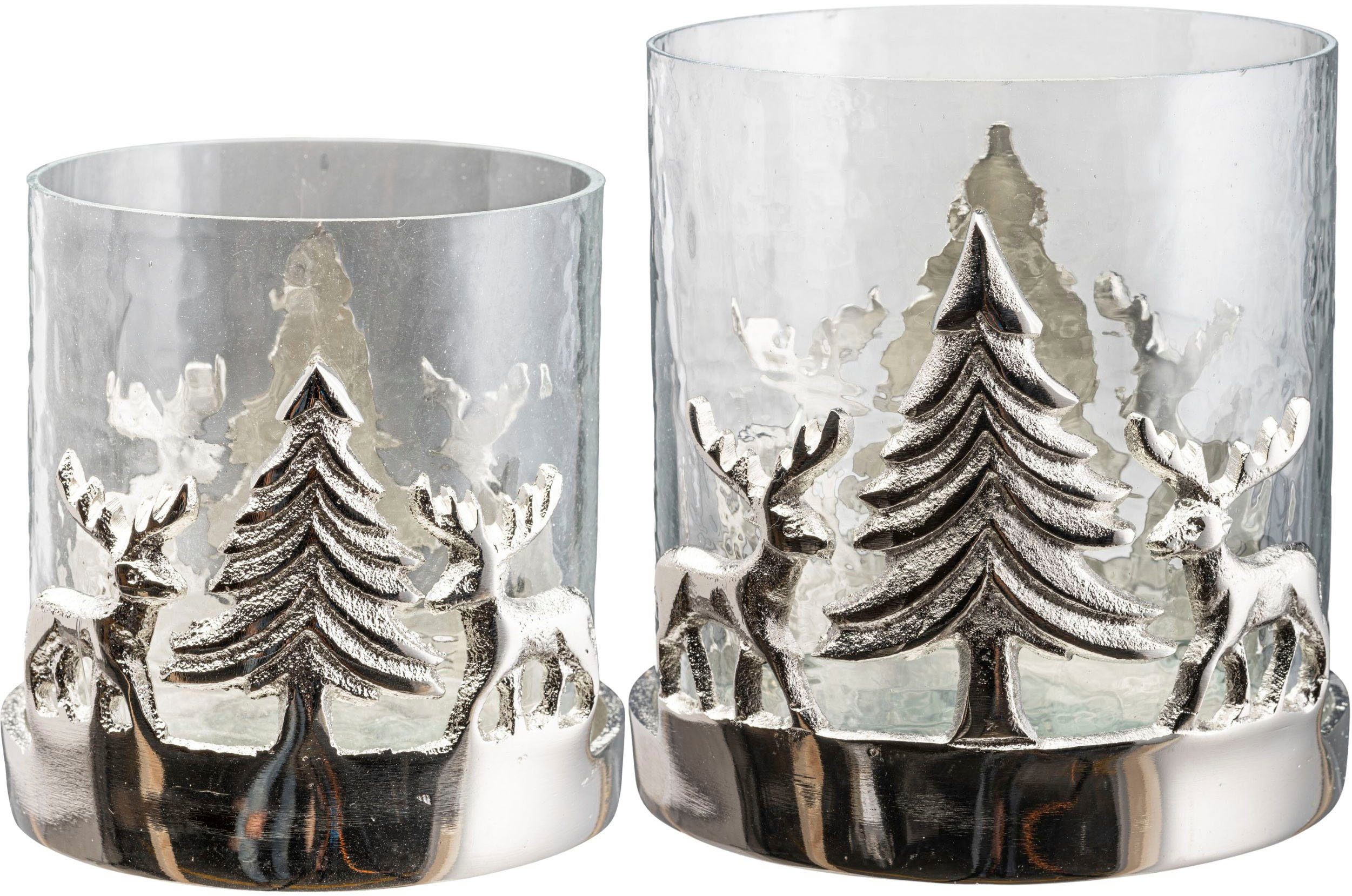 Windlicht Kerzenhalter Weihnachtslandschaft, mit Baum und Reh