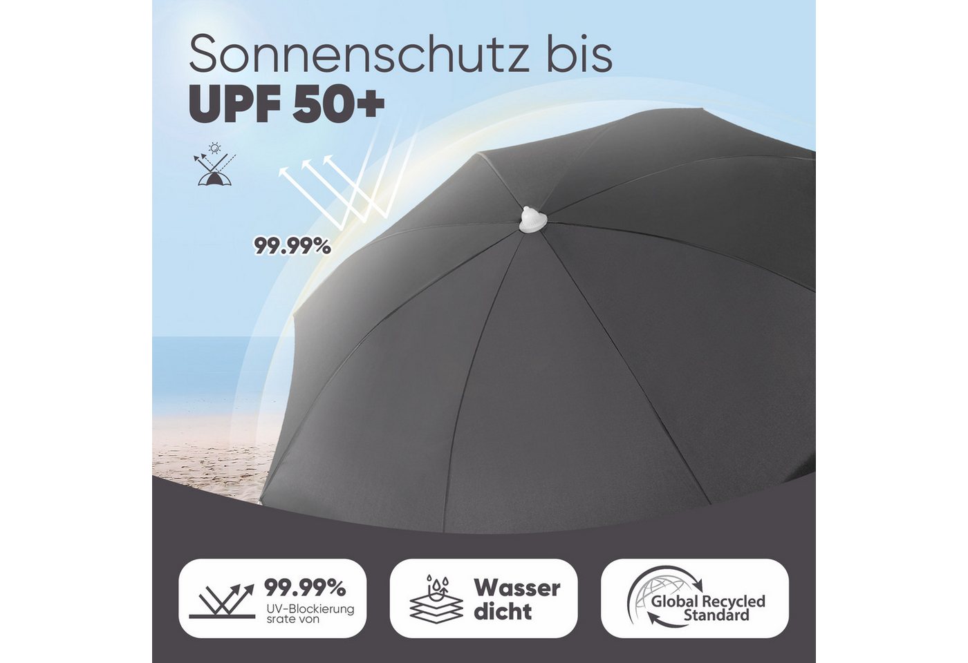 Thumbnail - Sekey Sonnenschirm Ø160 cm Sonnenschirm UV50+ Balkonschirm mit Tragetasche und Bodenhülse, LxB: 160,00x160,00 cm, Neigun...
