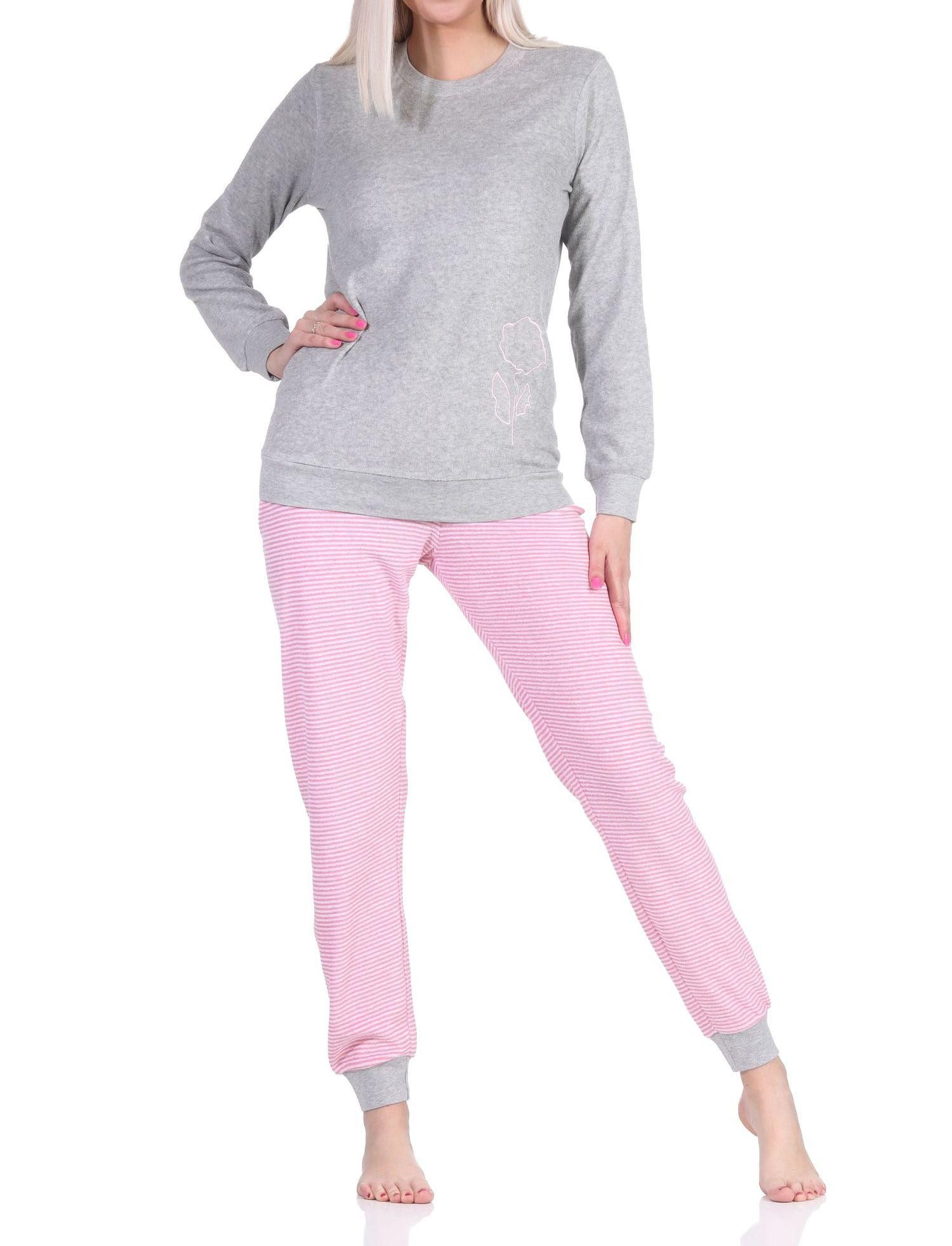Pyjama Damen Frottee Schlafanzug lang mit Bündchen und floraler Applikation