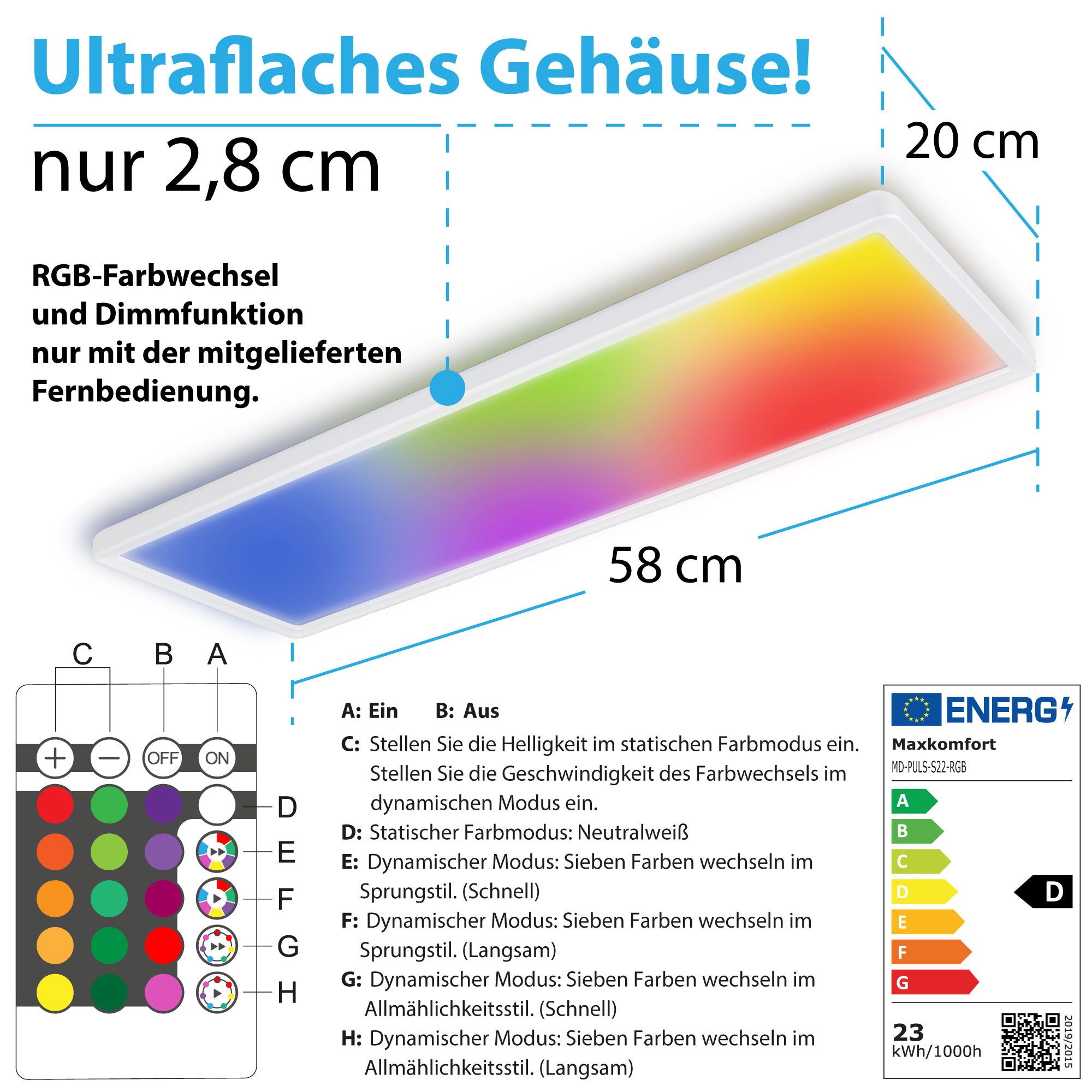 Maxkomfort Deckenleuchte PULS S22 RGB, RGB, LED fest integriert, Neutralweiß, Deckenlampe PULS S22 mit RGB-Farbwechsel