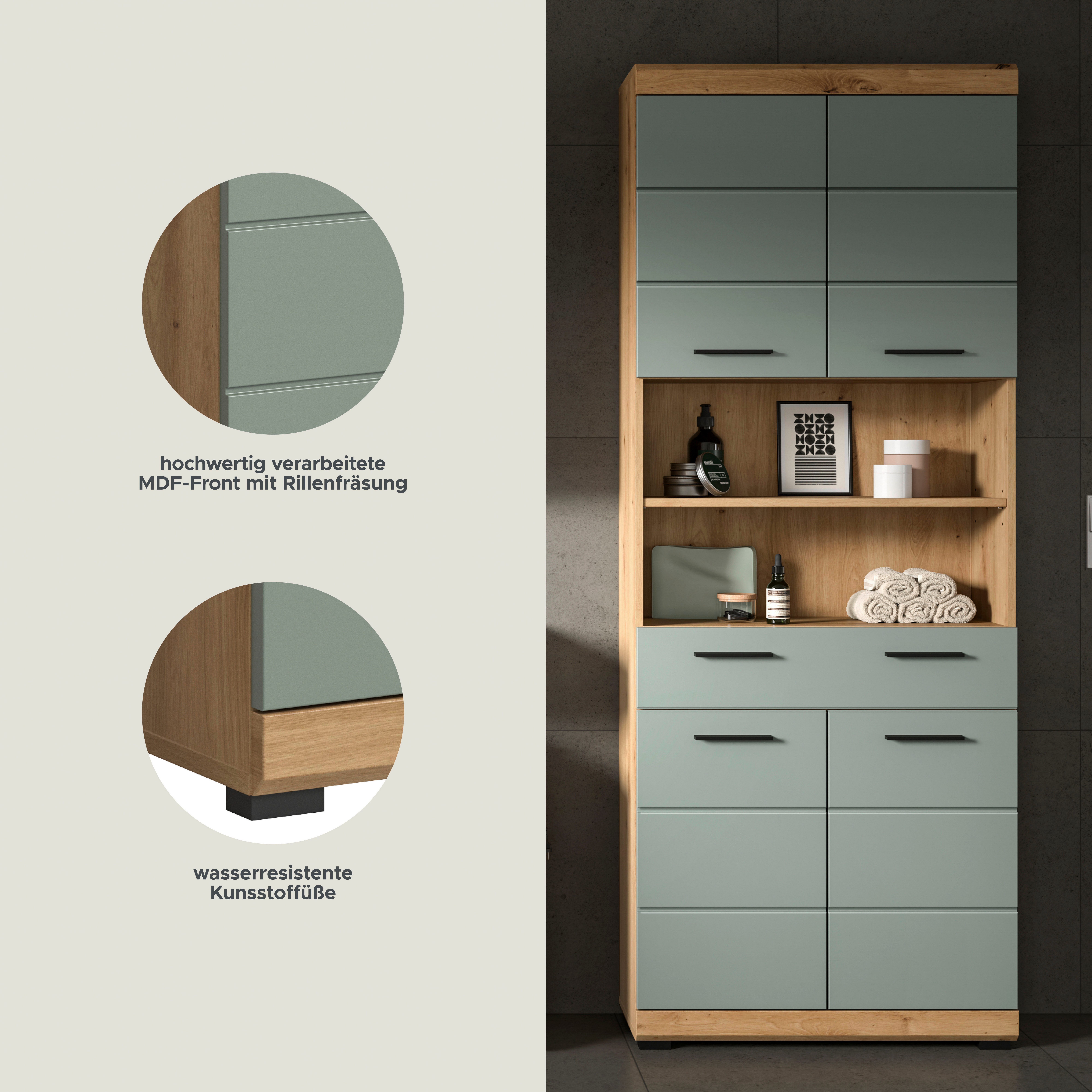 welltime Hochschrank SIENA, Breite 74cm, 4 Türen, 1 Schubkasten, 2 offene Fächer, MDF-Front (TOPSELLER) in verschiedenen Farben erhältlich, Badmöbel, Badschrank, Schrank, Bad