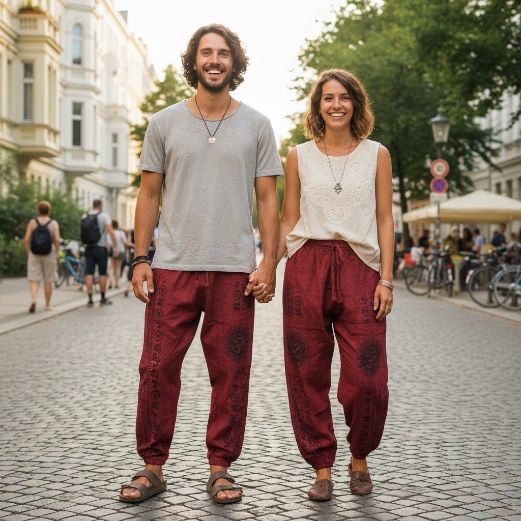 Guru-Shop Relaxhose Yogahose, Unisex-Baumwoll-Goa-Hose mit Druck -.. Retro, alternative Bekleidung, Goa Style