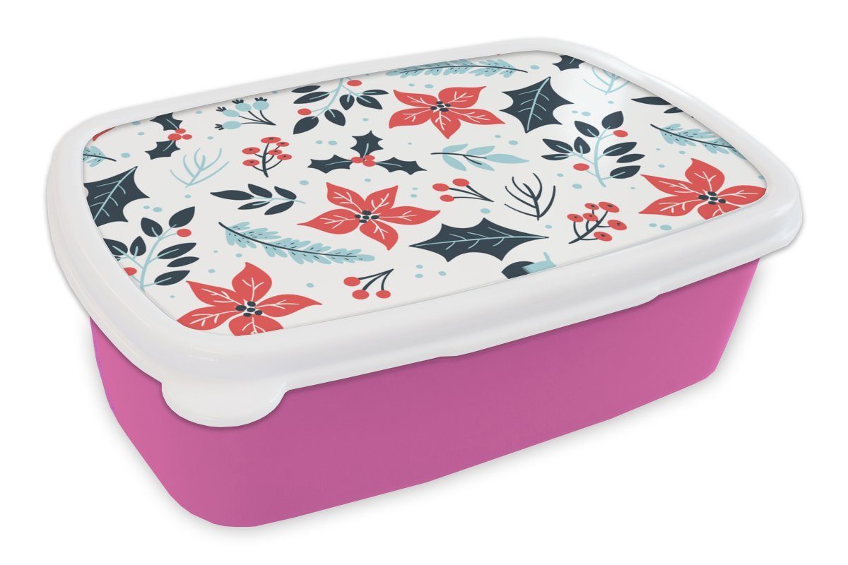 Weihnachten MuchoWow rosa - Erwachsene, Blumen Lunchbox Brotbox Kunststoff, - Mädchen, Muster, Snackbox, - für Brotdose Kinder, Kunststoff Winter (2-tlg),