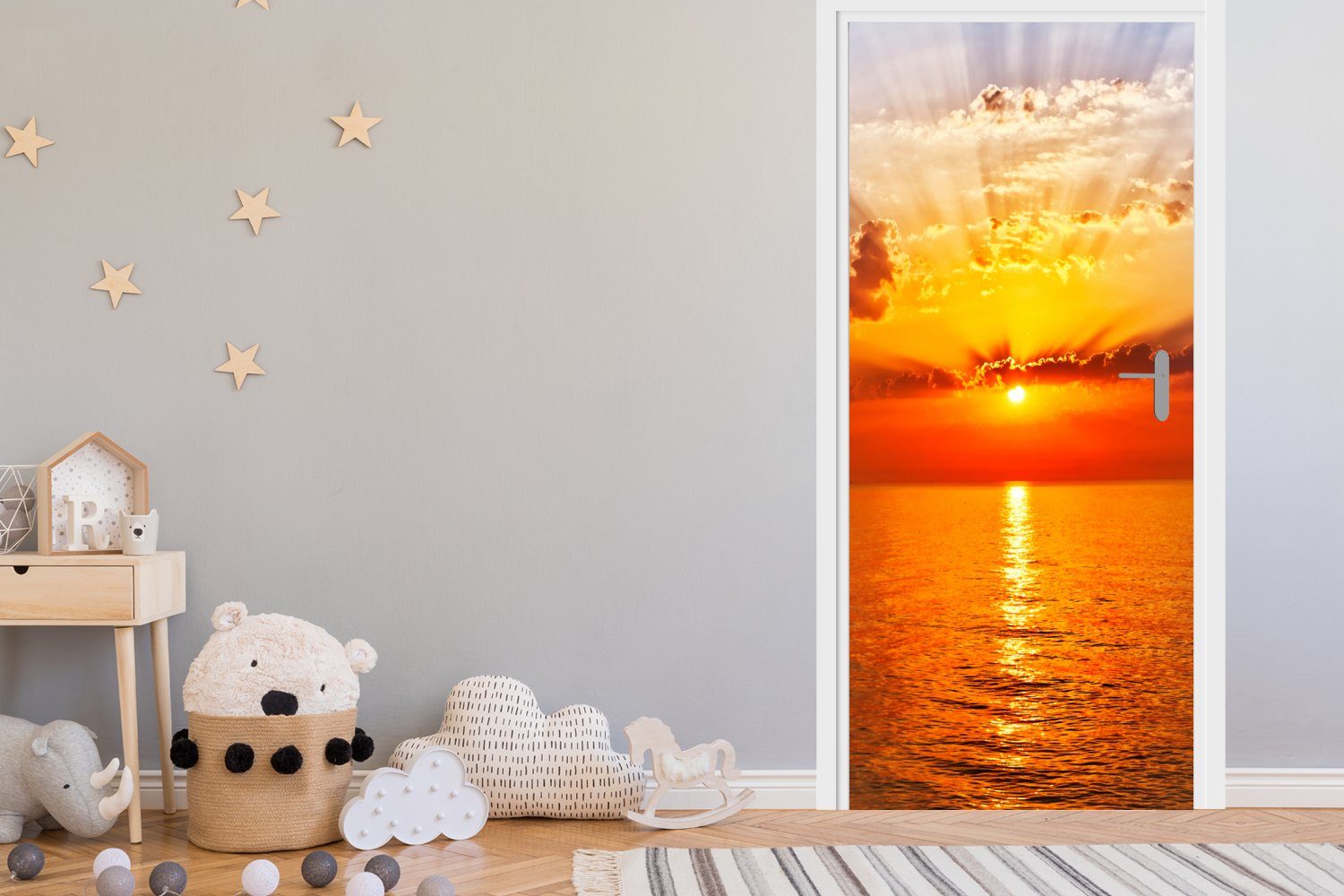 MuchoWow Türtapete Sonnenuntergang Wasser, - Fototapete Meer - bedruckt, Matt, Tür, - - St), Himmel Türaufkleber, - für cm Orange 75x205 (1 Horizont