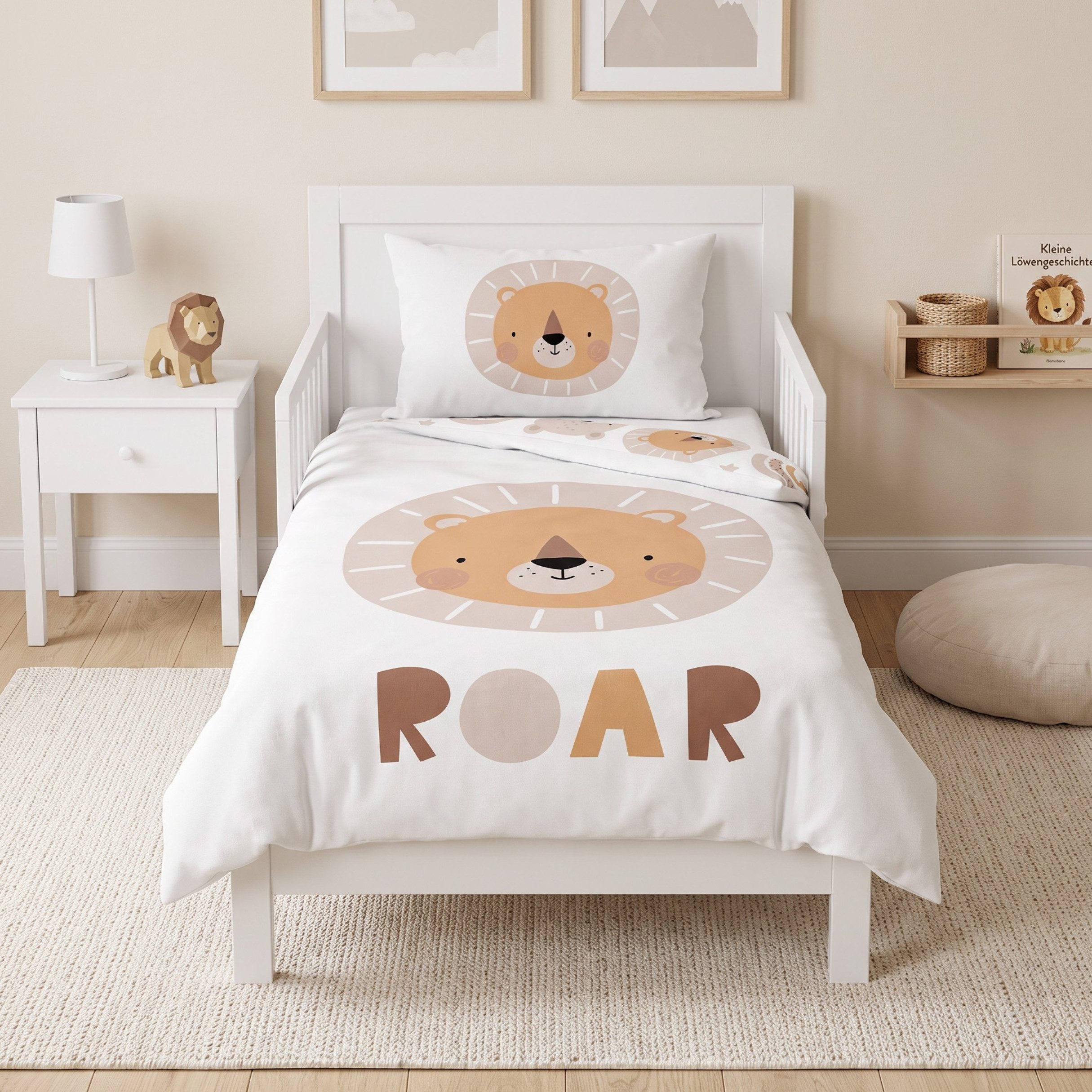 MTOnlinehandel Babybettwäsche Little Lion 100x135 + 40x60 cm in Biber, Löwe & Regenbogen, Tiere, 100% Baumwolle, 2 teilig, soft und kuschelweich für Babys und Kleinkinder