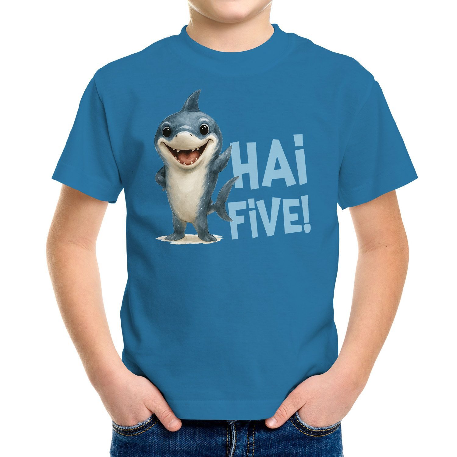 MoonWorks Print-Shirt Kinder T-Shirt Jungen mit Hai Motiv Witziges Hai Five Comic Shirt für