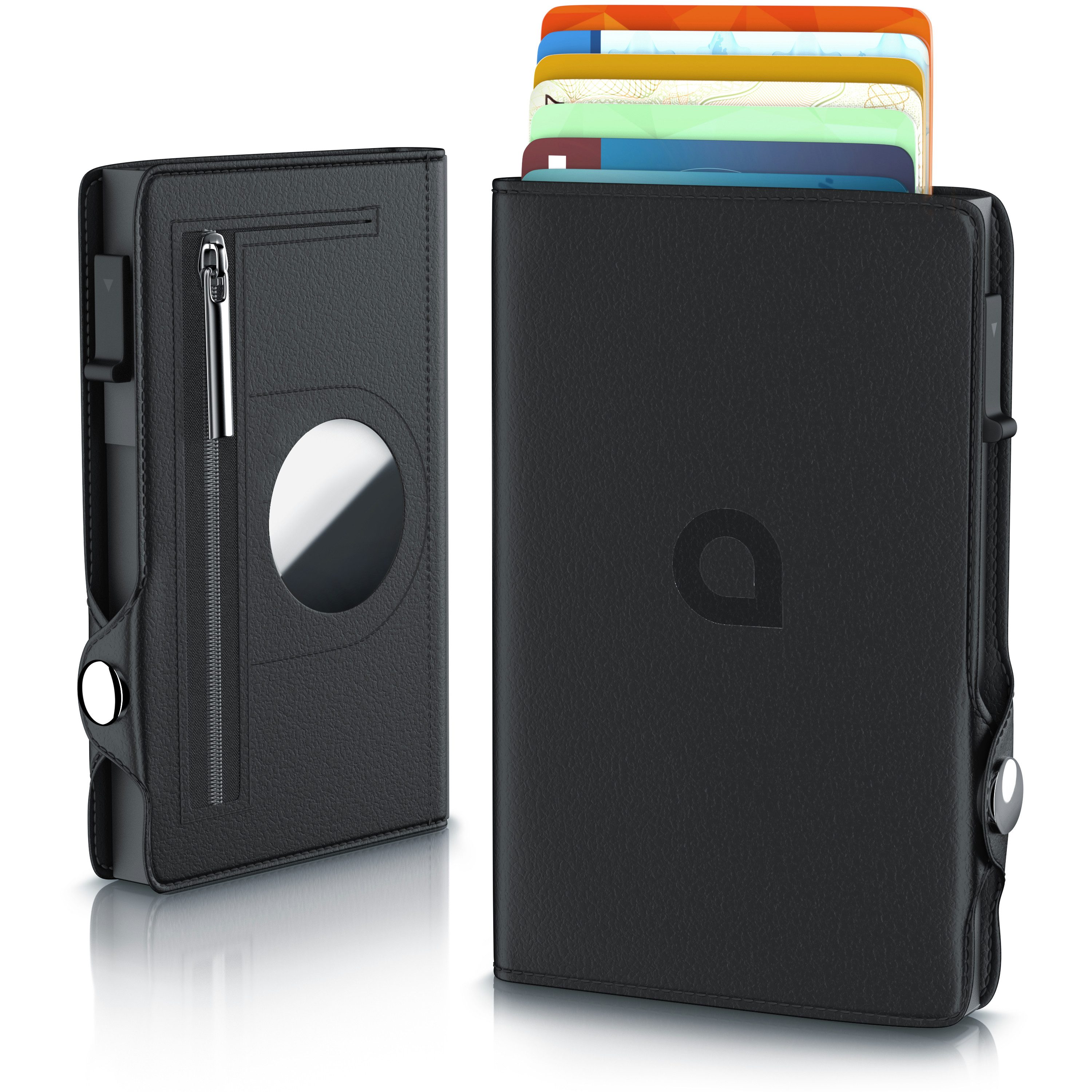 Aplic Kartenetui Leder & Alu Karten Schutzhülle mit Schiebemechanismus, Geld & Münzfach (1-tlg), RFID-Schutz, AirTag-Fach, Portemonnaie, Platz für 8 Karten, Alugehäuse