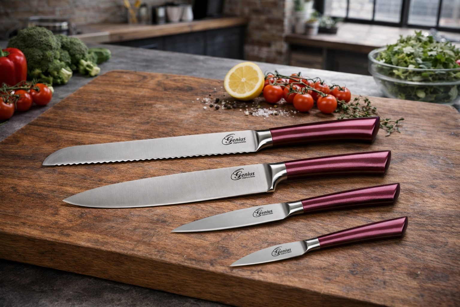 Genius Messer-Set Genius Profi Messer-Set 4-tlg. rot Edelstahl Küchenmesser Kochmesser (Set bestehend aus 4 Messern)