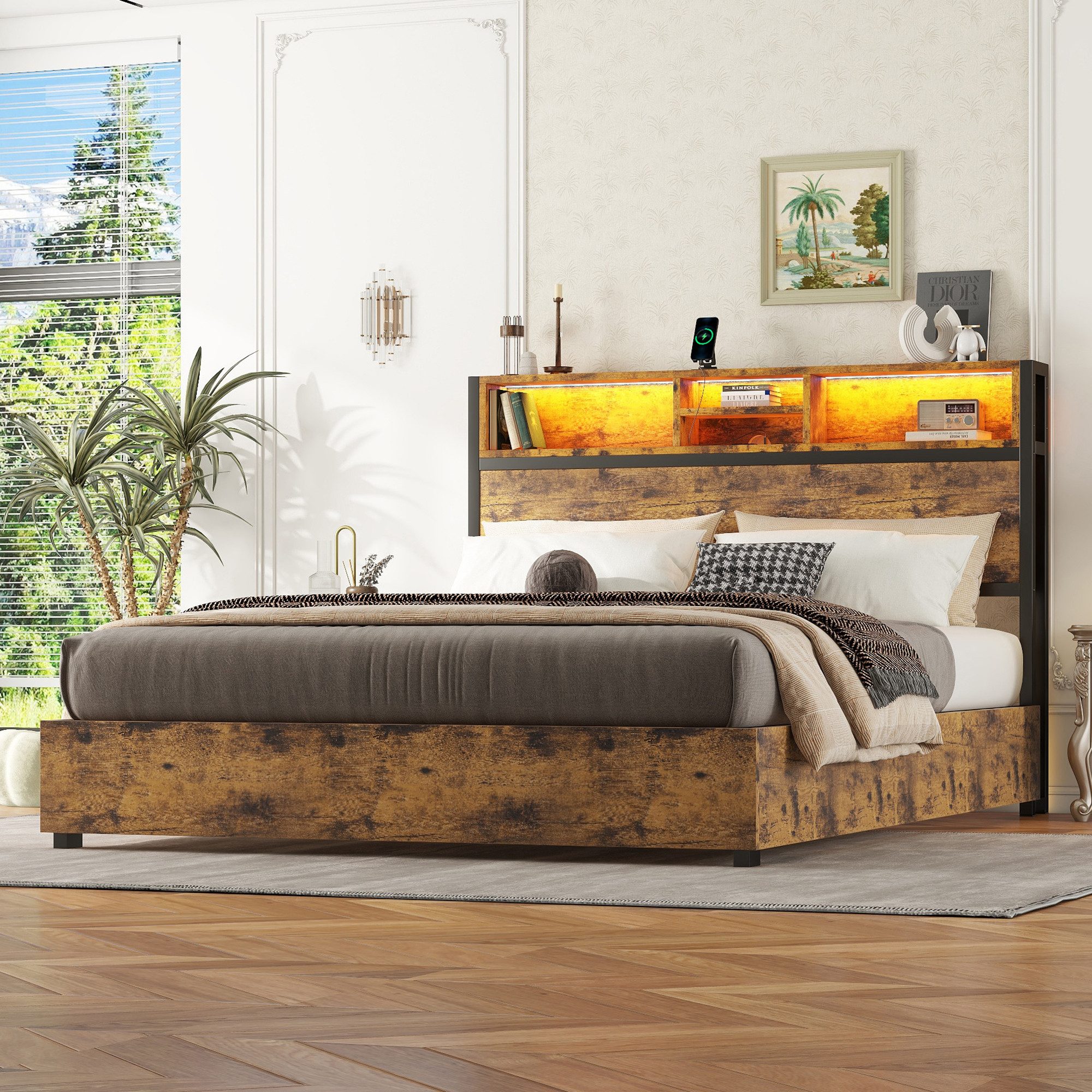 Flieks Holzbett, LED Hydraulisches Doppelbett mit günstig online kaufen