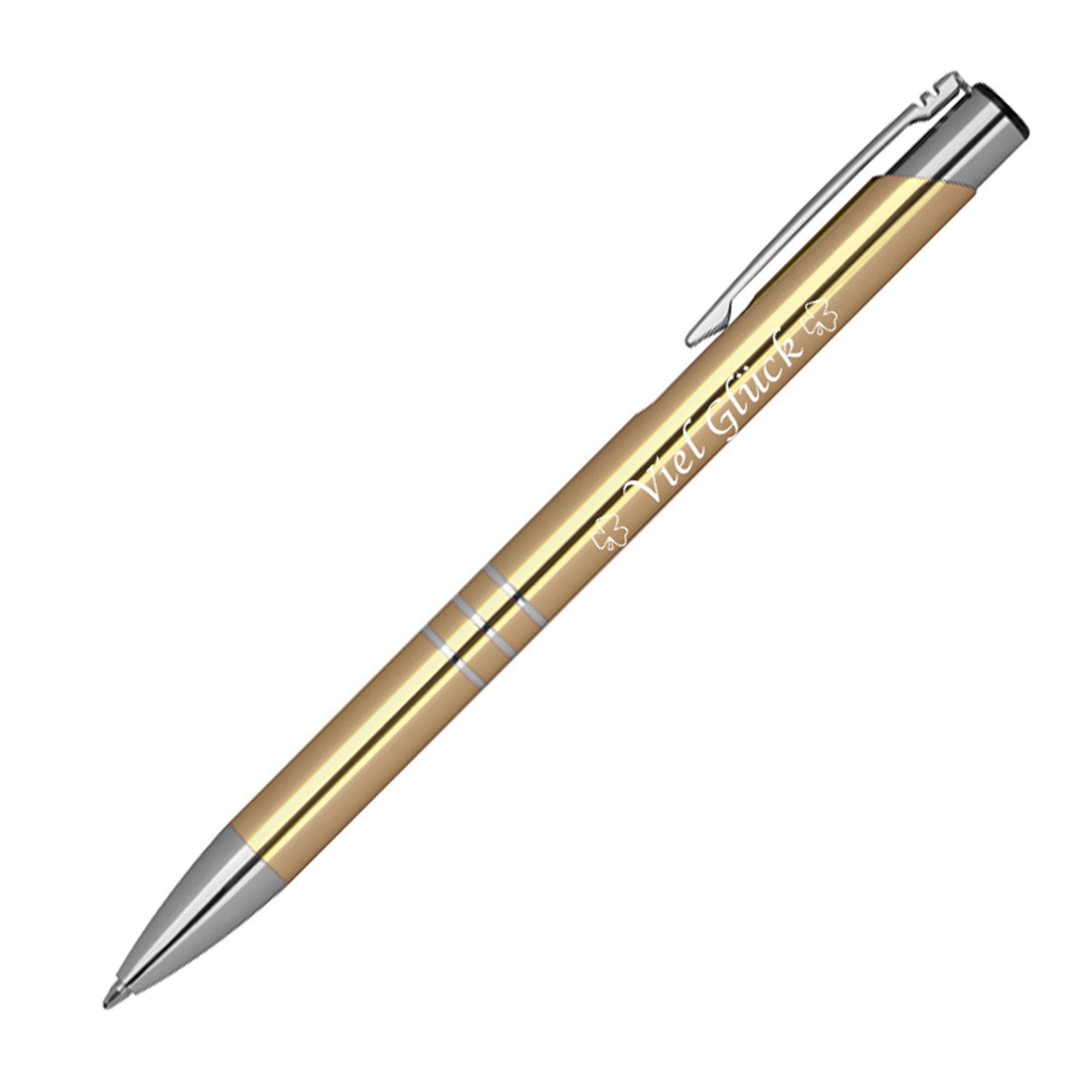 Kugelschreiber 10 Kugelschreiber mit Gravur "Viel Glück" / aus Metall / Farbe: gold