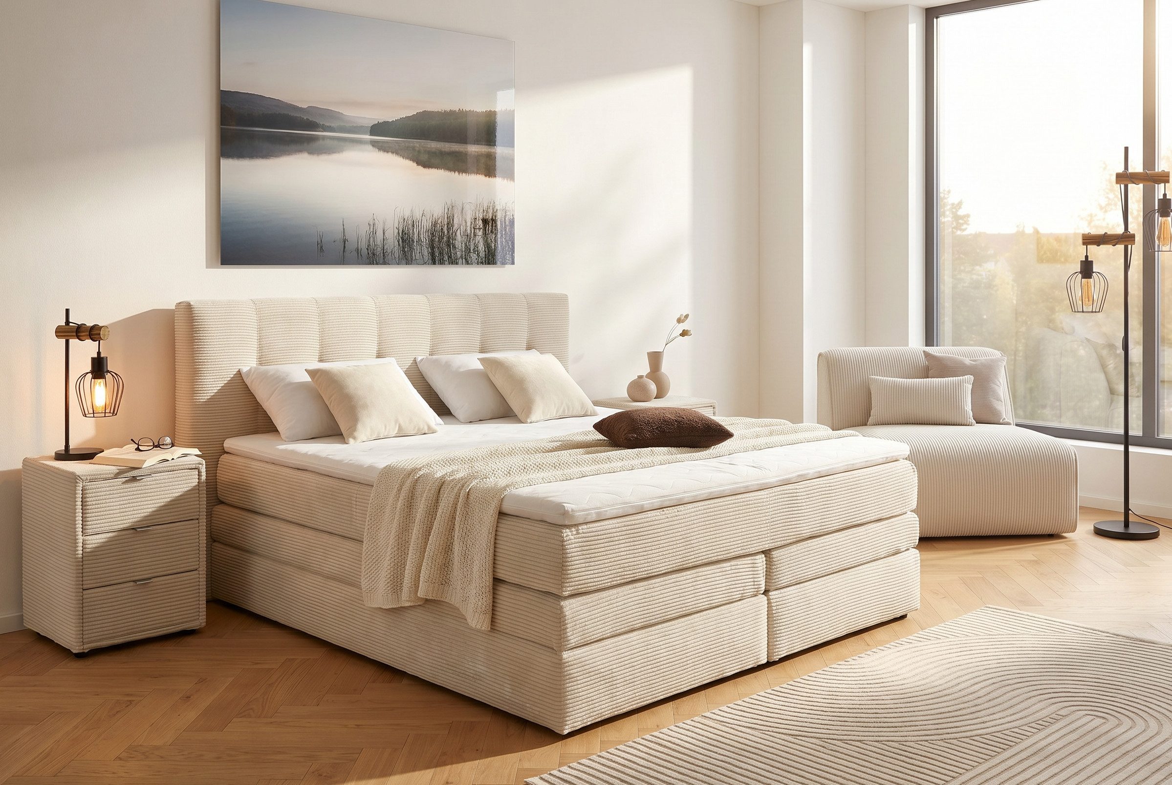Jockenhöfer Gruppe Boxspringbett Amy in Cord, mit Bettkasten und Kaltschaum-Topper, erhältlich in 120, 140 & 180cm
