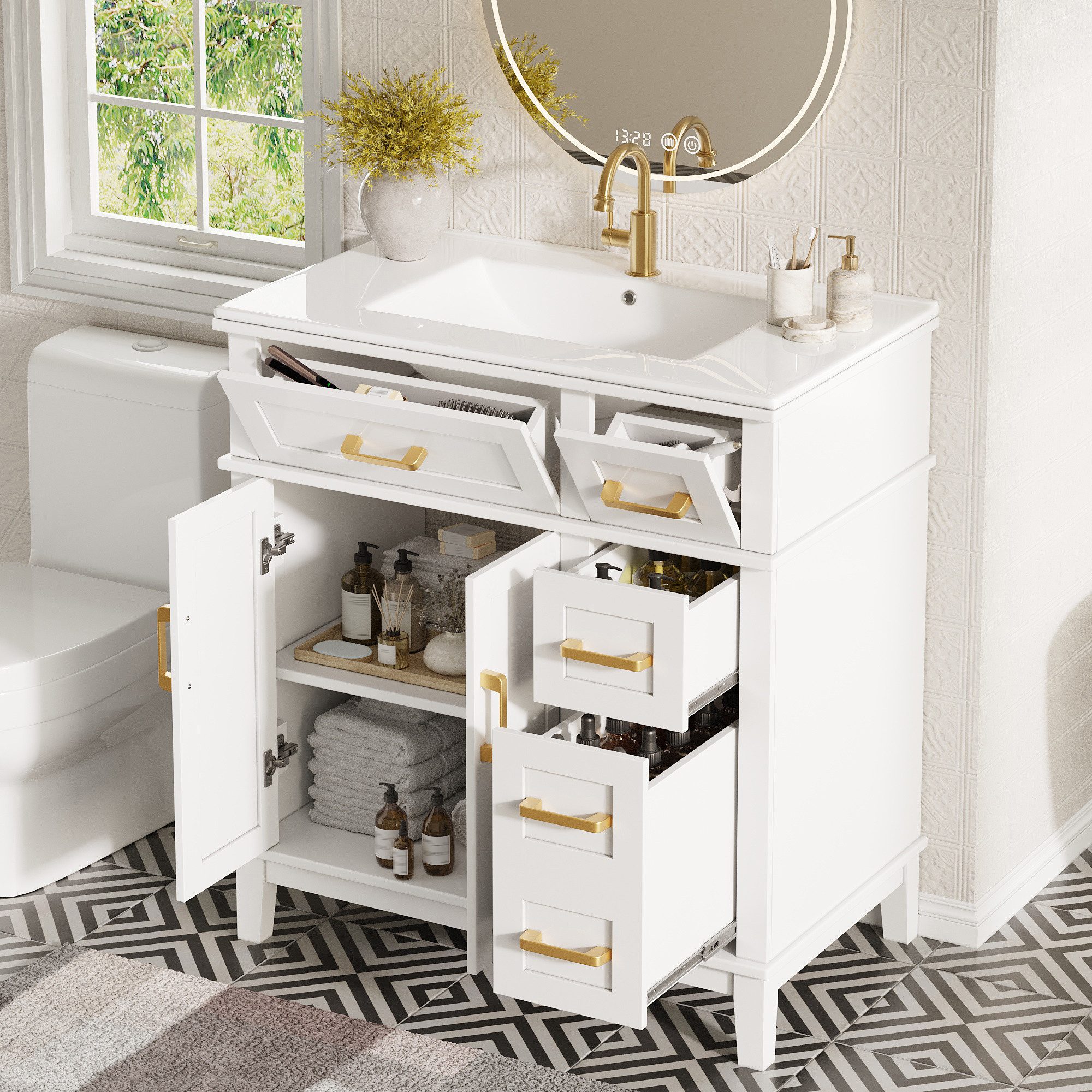 HAUSS SPOLE Waschtisch mit Waschbecken,Badezimmerschrank Badschrank mit Überlaufschutz (Waschbeckenunterschrank mit integriertem Keramikbecken und funktionaler Stauraumlösung für Badezimmer), Mehrstufiges Stauraumsystem mit Schubladen und Türen