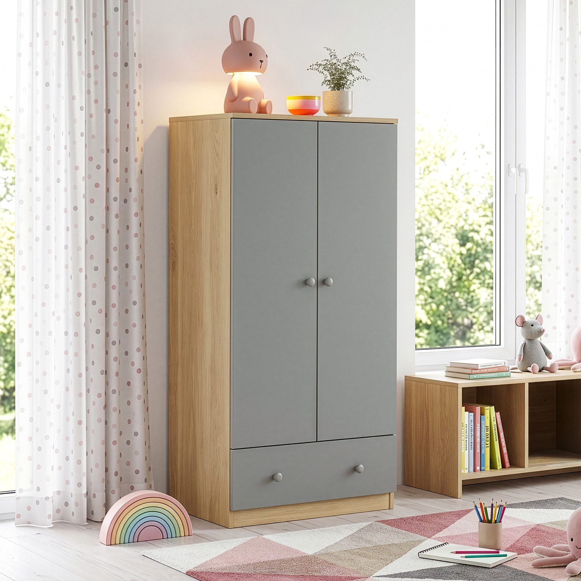 en.casa Kinderkleiderschrank »Beldinupp« mit 2 Türen 123 x 60 x 40 cm Schublade Eicheoptik/Grau