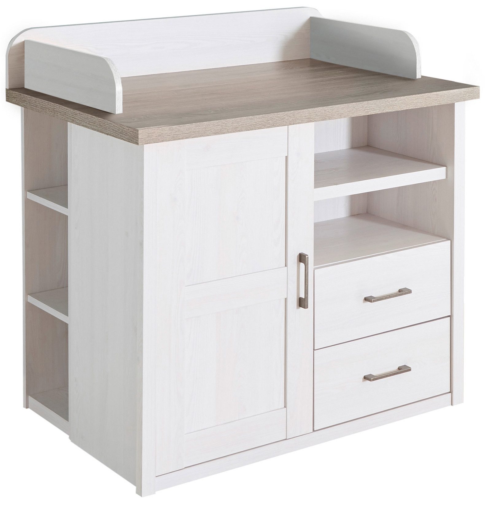 möbel-direkt.de Babyzimmer-Komplettset Lucain Pinie Weiß und Trüffel Landhaus, (Komplett Set, 3-tlg., Kleiderschrank, Babybett, Wickelkommode, Regale), höhenverstellbares Lattenrost, Schlupfsprossen