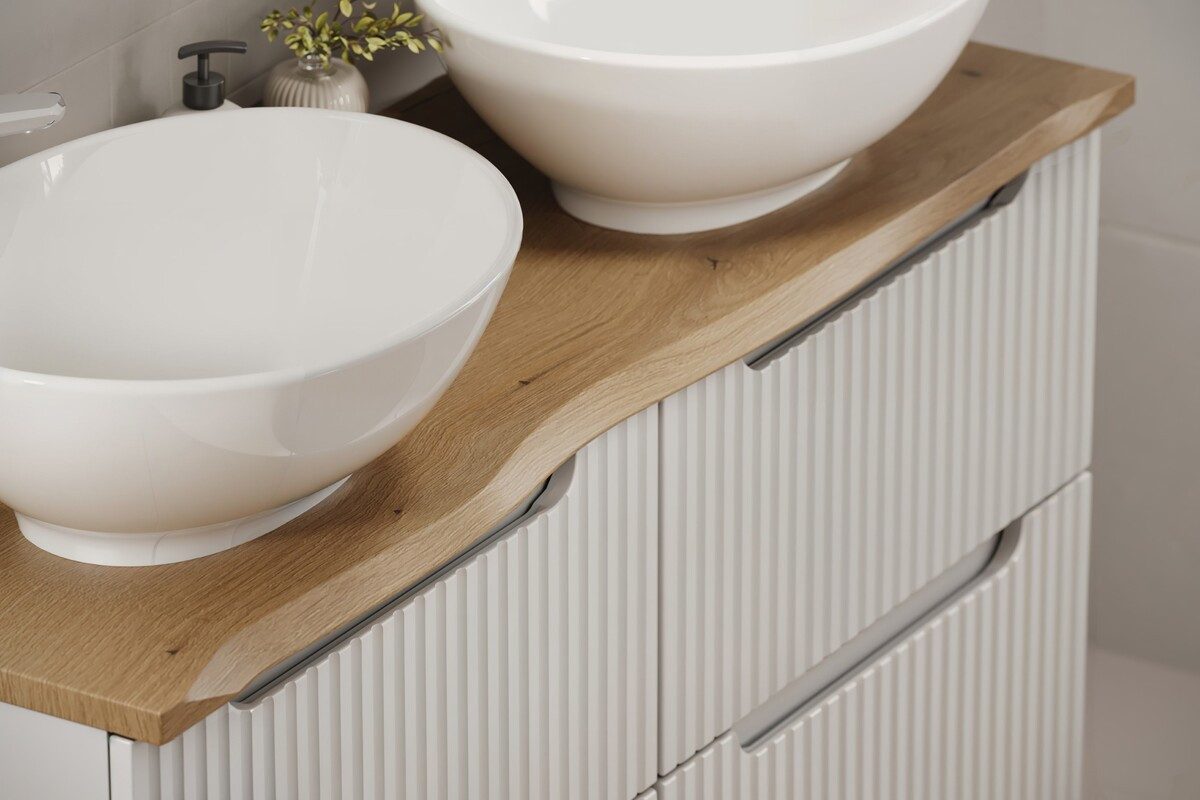 einfachgutemoebel Doppelwaschtisch Waschtisch ILUNA CASH 120cm mit Baumkante Evoke-Oak & Becken wählbar (Badmöbel Set, 1-St., Waschtisch Unterschrank)