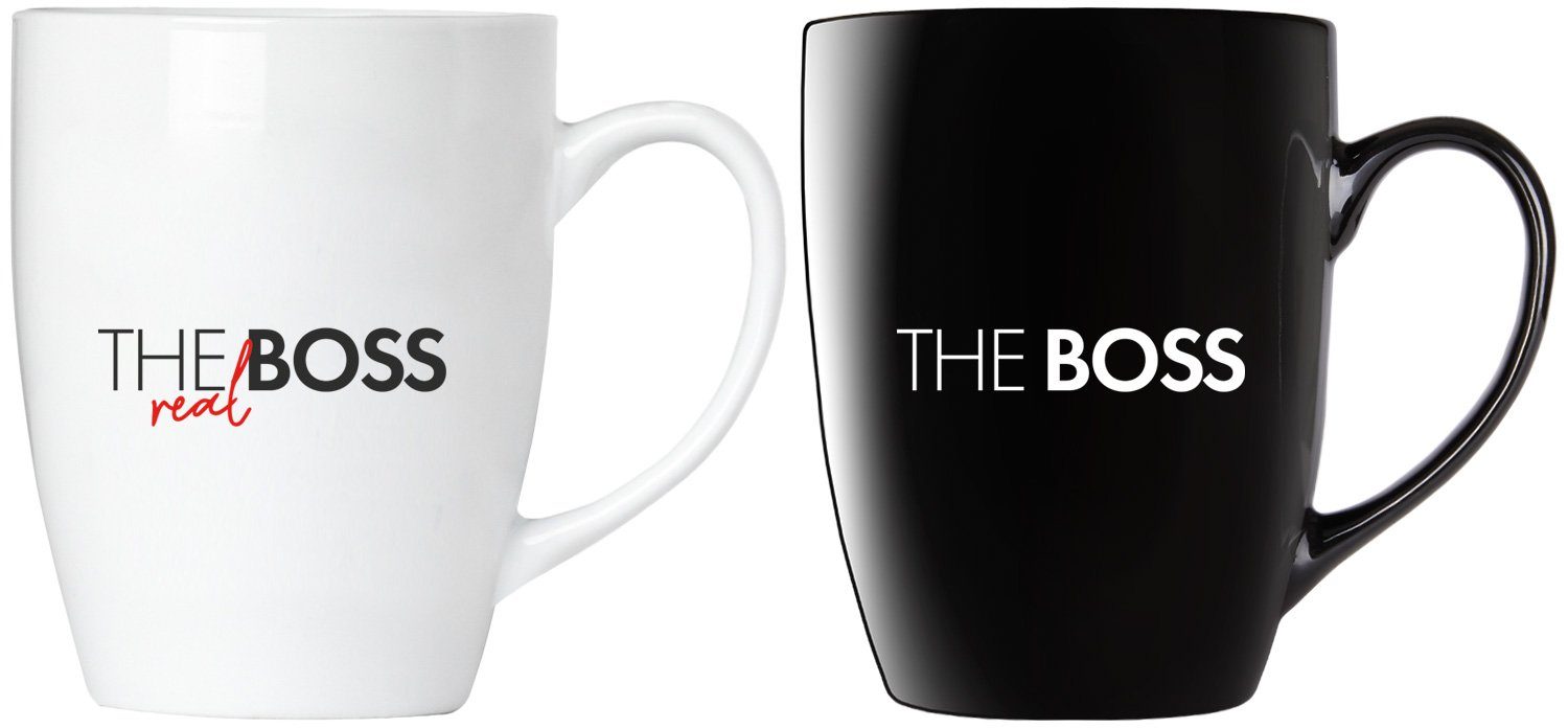 BRUBAKER Tasse Kaffeetassen The Boss The Real Boss mit Grußkarte, 2-tlg., Keramik, Kaffeebecher - 300 ml Tassen Geschenkset - in Geschenkbox