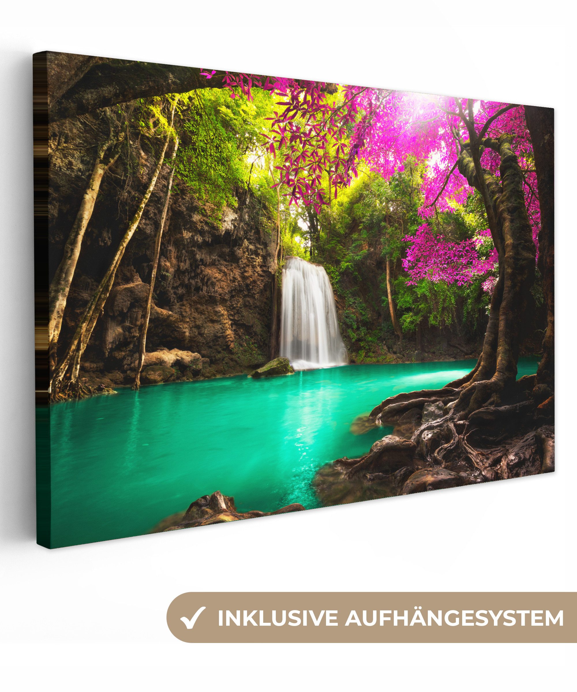 OneMillionCanvasses® Leinwandbild Wasserfall mit bunten Blumen und Bäumen - Natur - Dschungel, Fotodruck (1 St), Leinwand Bilder Klein, Wand Dekoration Aesthetic 30x20 cm