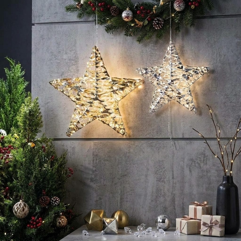 Home-trends24.de LED Dekolicht XL LED Stern Gold Timer Indoor Outdoor 2er-Set Weihnachten Deko
