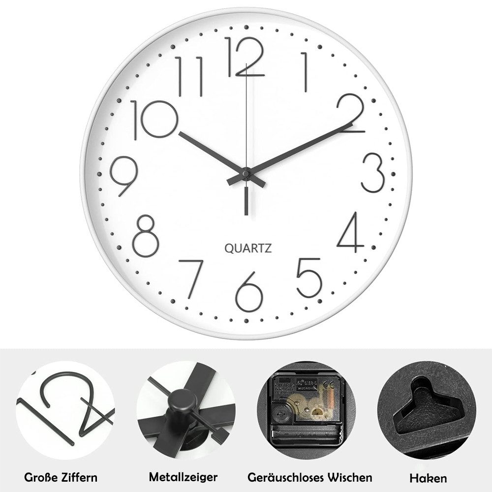 TUWENA Uhr 30cm Wanduhr Lautlos, 3D Ziffern Wanduhr, Modern Wand Uhr Analog (Leise Wall Clock Deko für Wohnzimmer Küche Büro Schule Kinderzimmer)