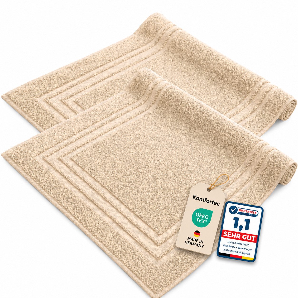 Komfortec Badematte 2er Badetuch Set aus 100% Baumwolle 50x70 cm Extra Weich & Saugstark, Rechteckig, 600 g/m²