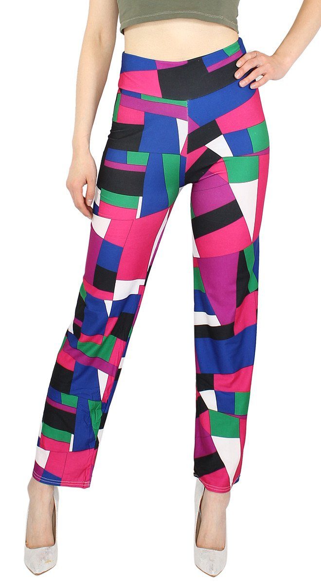 Waist Dancepants dy_mode High elastischem LH003-ColorBlock Stoffhose Damen Bunt Bund, Straight gemustert Bunt Leggings Dancehose Leg mit