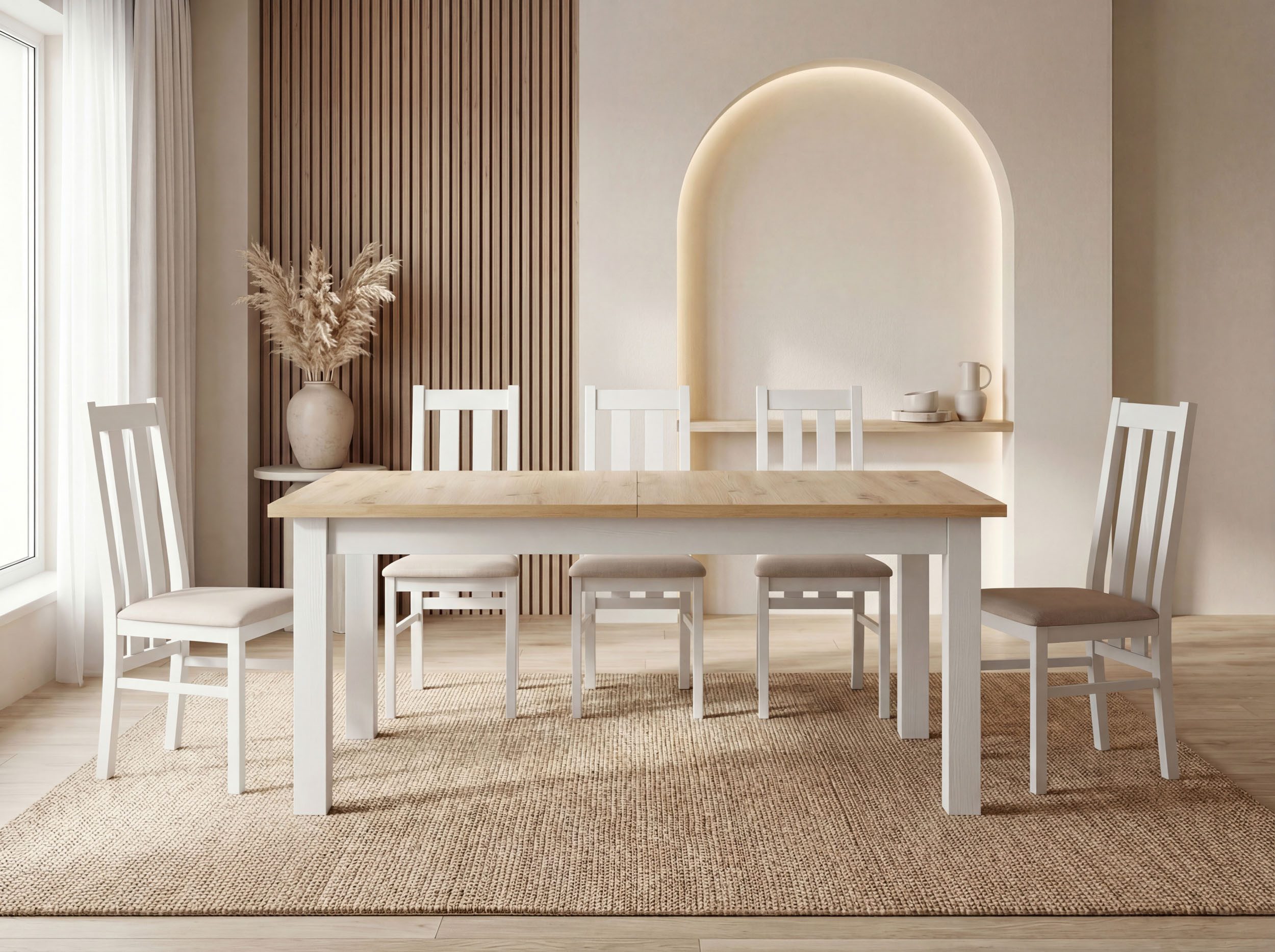 WFL GROUP Esstisch Lindberg ausziehbar verlängerbar rechteckig mit weißen Holzbeinen (MADE IN EU, XXL Groß– 120/140/150/160/200 cm ausziehbar auf 160/180/190/240/300 cm), platzsparender Tisch in Holzoptik für Küche, Esszimmer oder Wohnzimmer