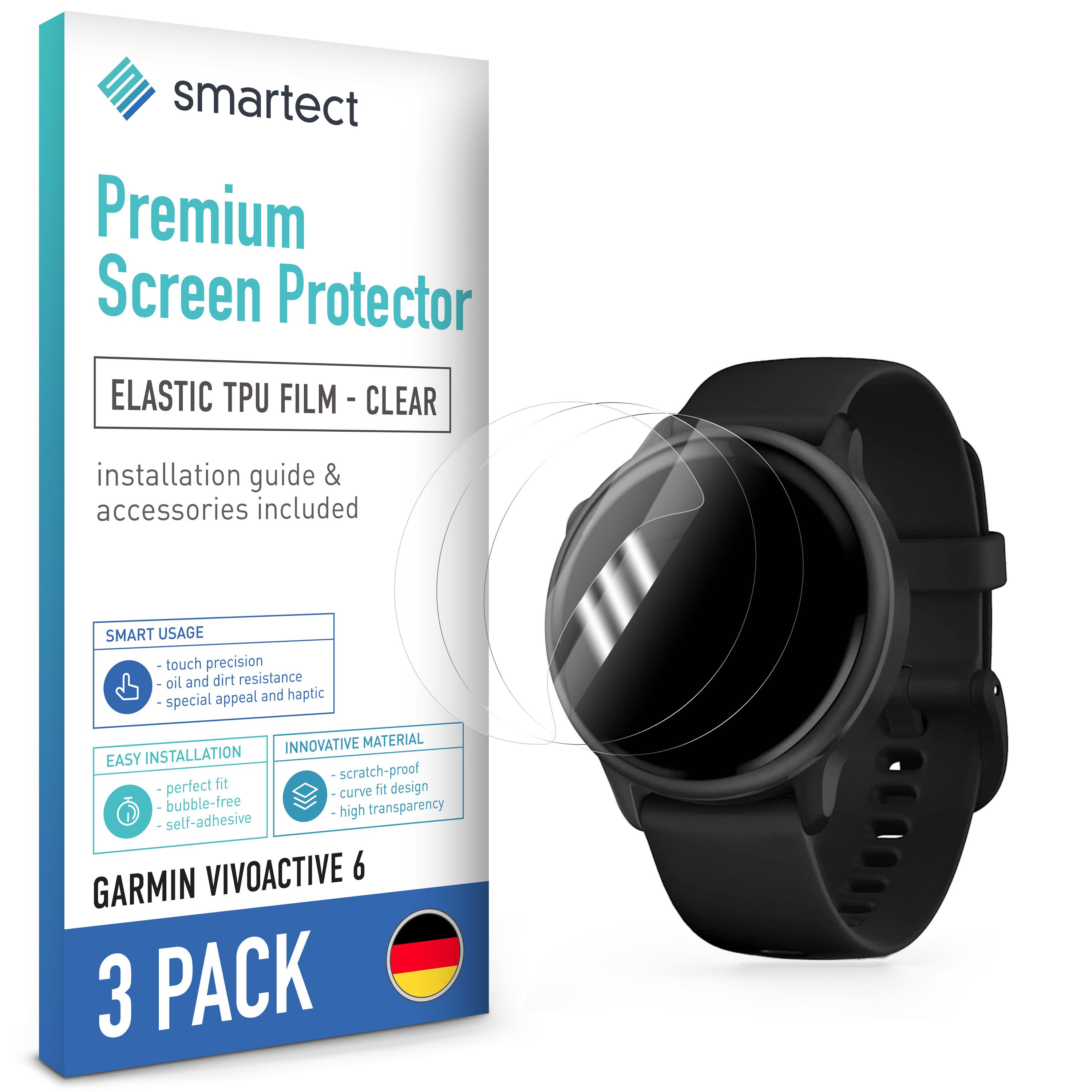 smartect Displayschutzfolie 3X TPU Schutzfolie Klar für Garmin Vivoactive 6 für Garmin Vivoactive 6, Set, 3 Stück, Ultra-klar, Kratzfest, Blasenfrei, Oleophob, Fingerabdruck kompatibel