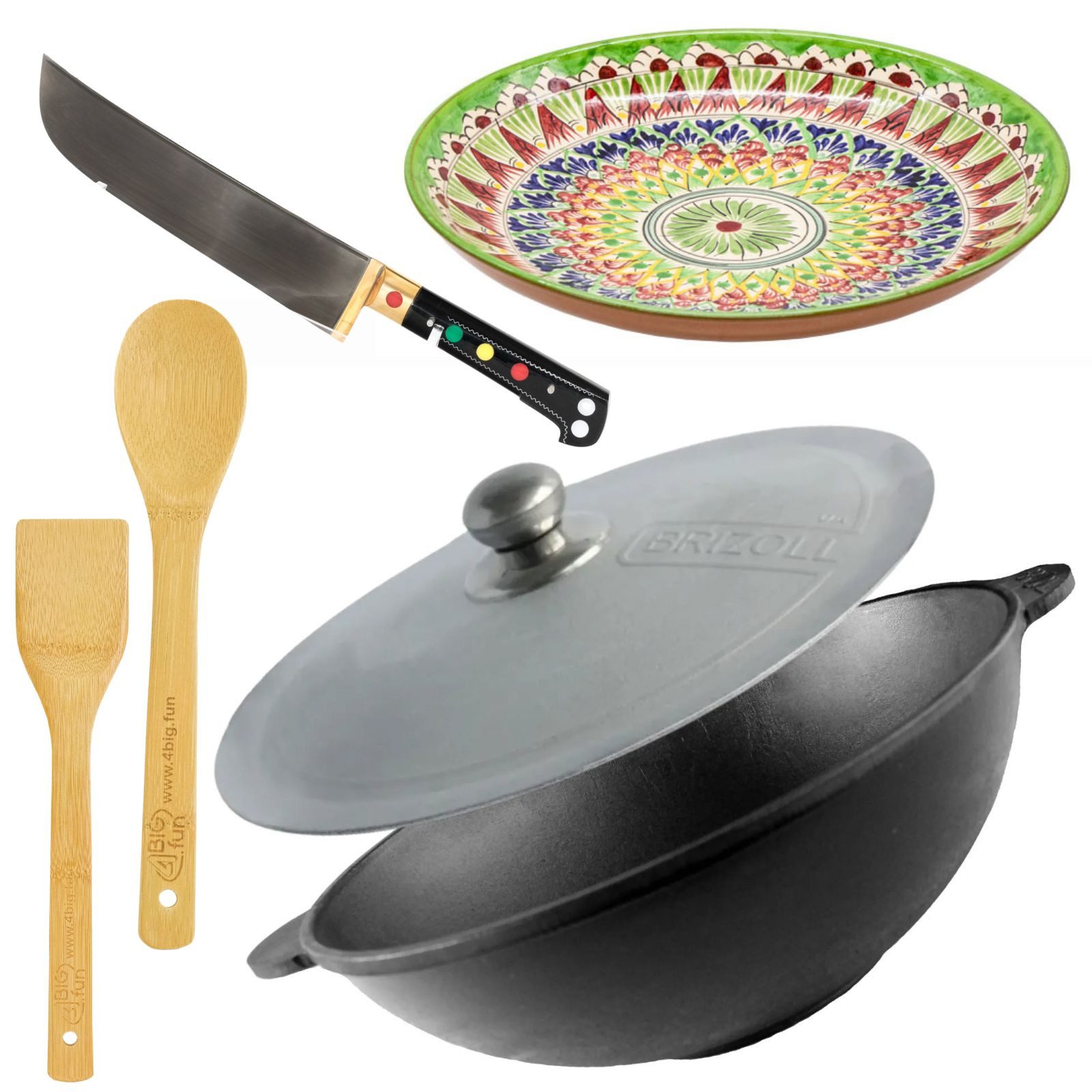 BIG-PAN Wok 30 cm Wok Gusseisen 4,7 L Aluminiumdeckel Zubehör