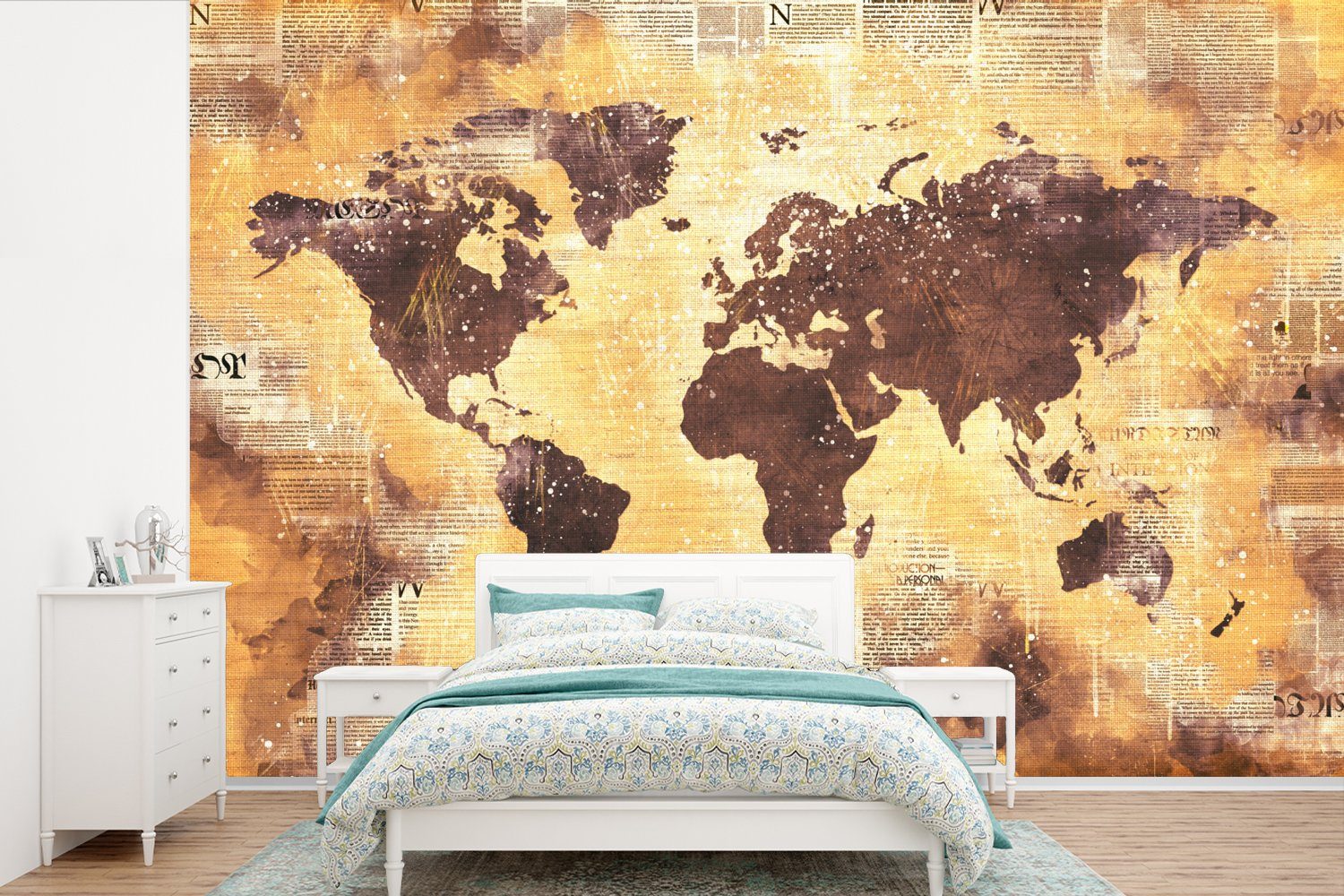 MuchoWow Fototapete Weltkarte - Glitter - Gold, Matt, bedruckt, (6 St), Wallpaper für Wohnzimmer, Schlafzimmer, Kinderzimmer, Vinyl Tapete