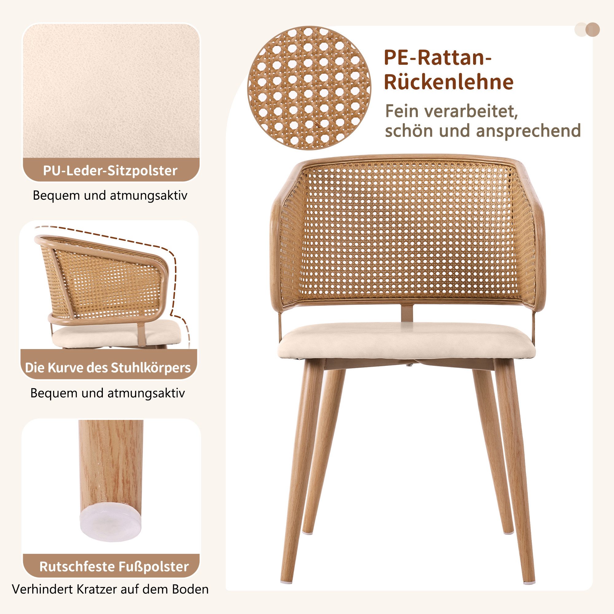 MC Star Esszimmerstuhl 2 Stk mit Rattan-Rückenlehne, Sitzkissen aus PU-Leder (moderner und einfacher Stil, geeignet für Restaurants, Wohnzimmer und Cafés)