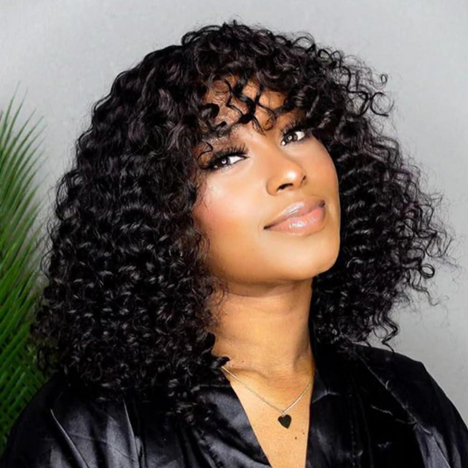 LuxusKollektion Echthaarperücke Perücke Echthaar Pony Kurzbob Locken Jerry Curl 150 Dichte 30 cm 1B