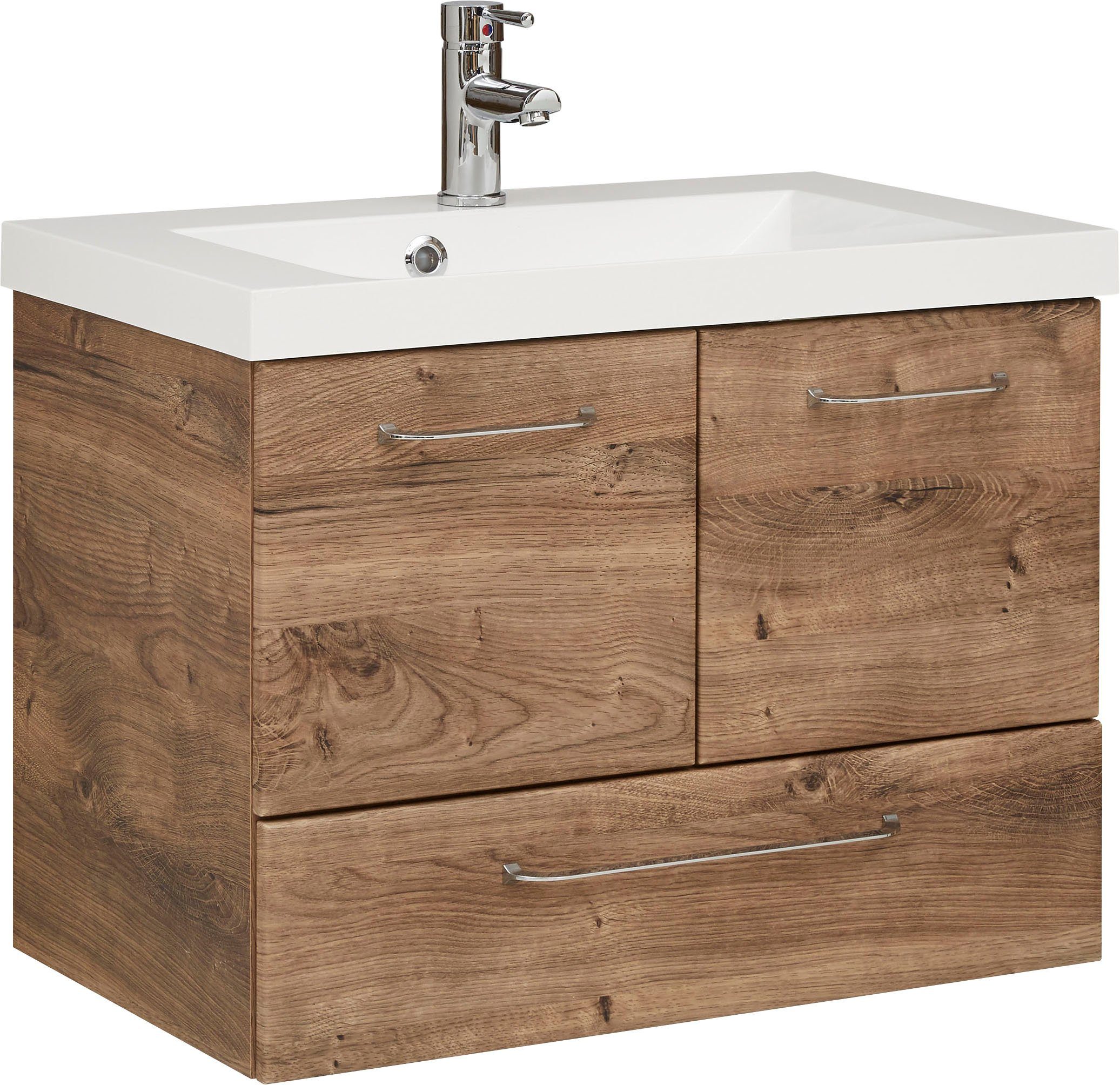 Saphir Waschtisch Quickset Mineralmarmor-Waschtisch mit Unterschrank, 74 cm breit, Wachplatz, Griffe Chrom Glanz, inkl. Türdämpfer, 2 Türen, 1 Schublade