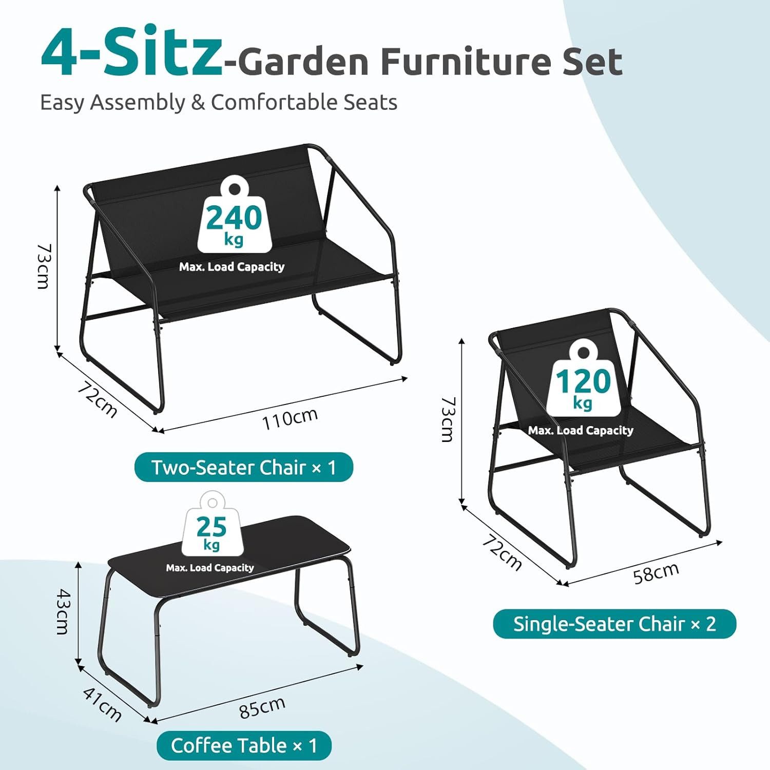 TLGREEN Gartenlounge-Set Gartenmöbel Set 4 Teilig, (Klapptisch und Stühle Set für 4 Personen, Textilene Balkonmöbel mit 2er Sofa, 2 Stühlen & Glastisch), Wetterfeste Outdoor Sitzgruppe für Terrasse Garten