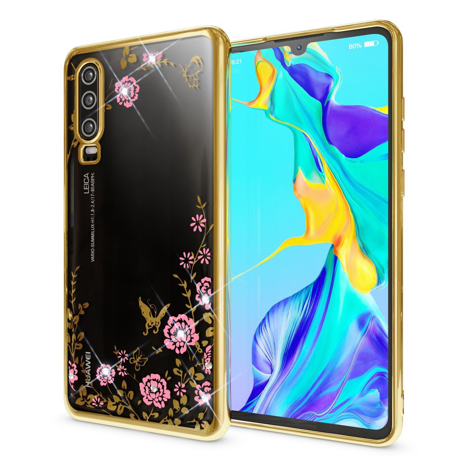Nalia Smartphone-Hülle Huawei P30 15,5 cm (6,1 Zoll), Hülle mit Blumenmuster und Glitzer Steinen / Durchsichtige Schutzhülle