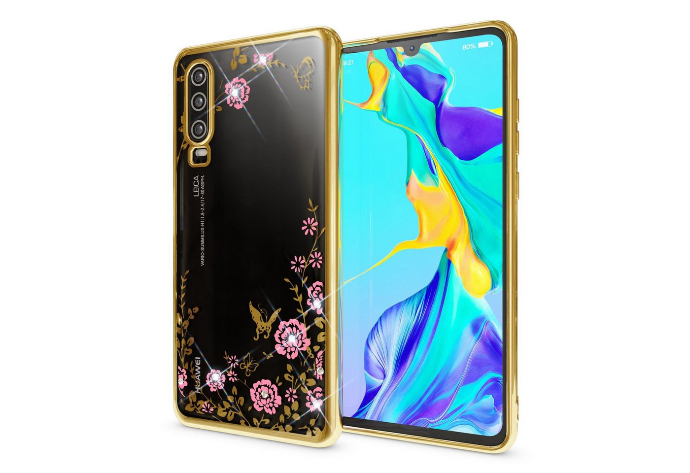 Nalia Smartphone-Hülle Huawei P30 15,5 cm (6,1 Zoll), Hülle mit Blumenmuster und Glitzer Steinen / Durchsichtige Schutzhülle