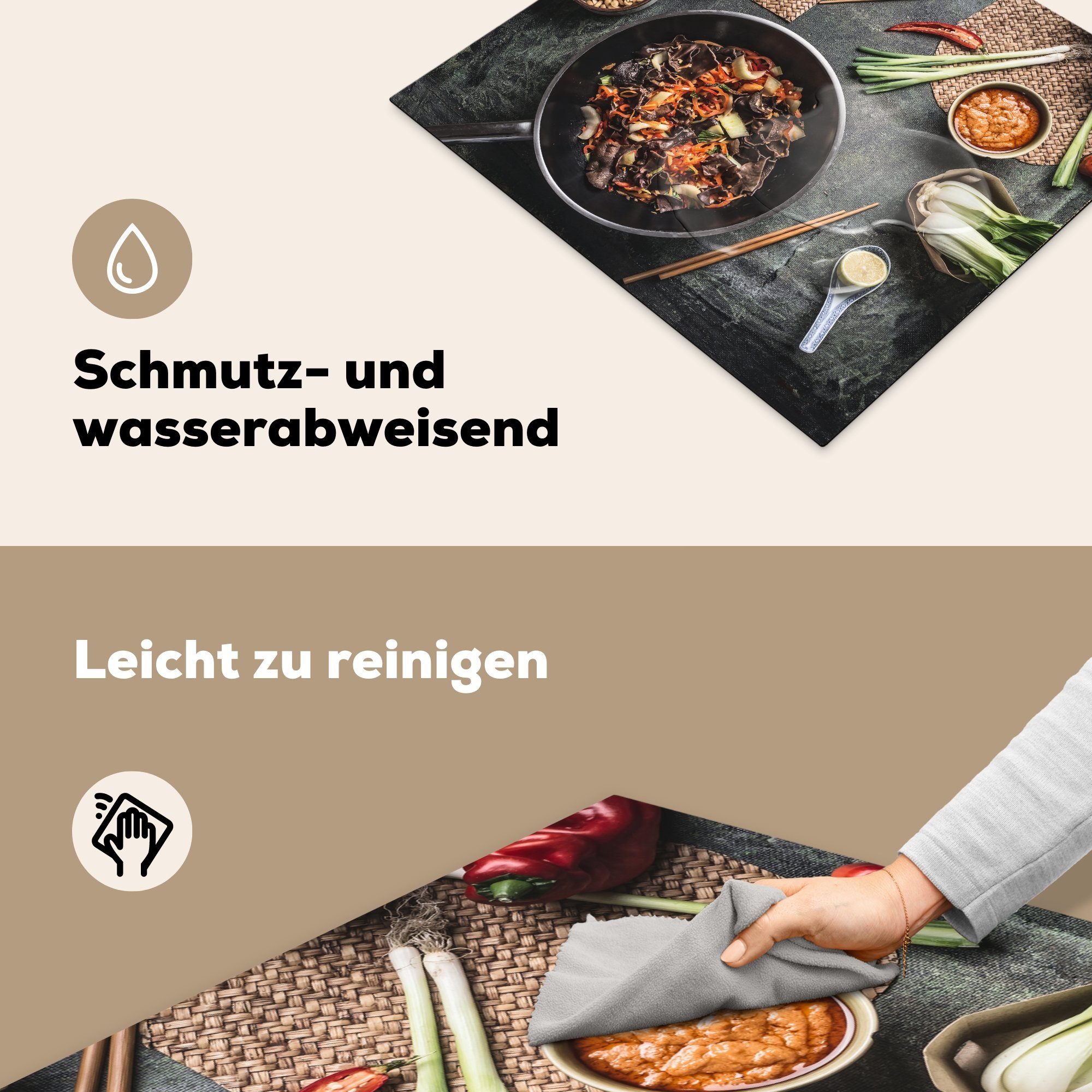 (1 asiatischen in Küche, Herdblende-/Abdeckplatte nutzbar, einer Mobile cm, Vinyl, MuchoWow 60x52 tlg), Wok-Pfanne Ceranfeldabdeckung Arbeitsfläche