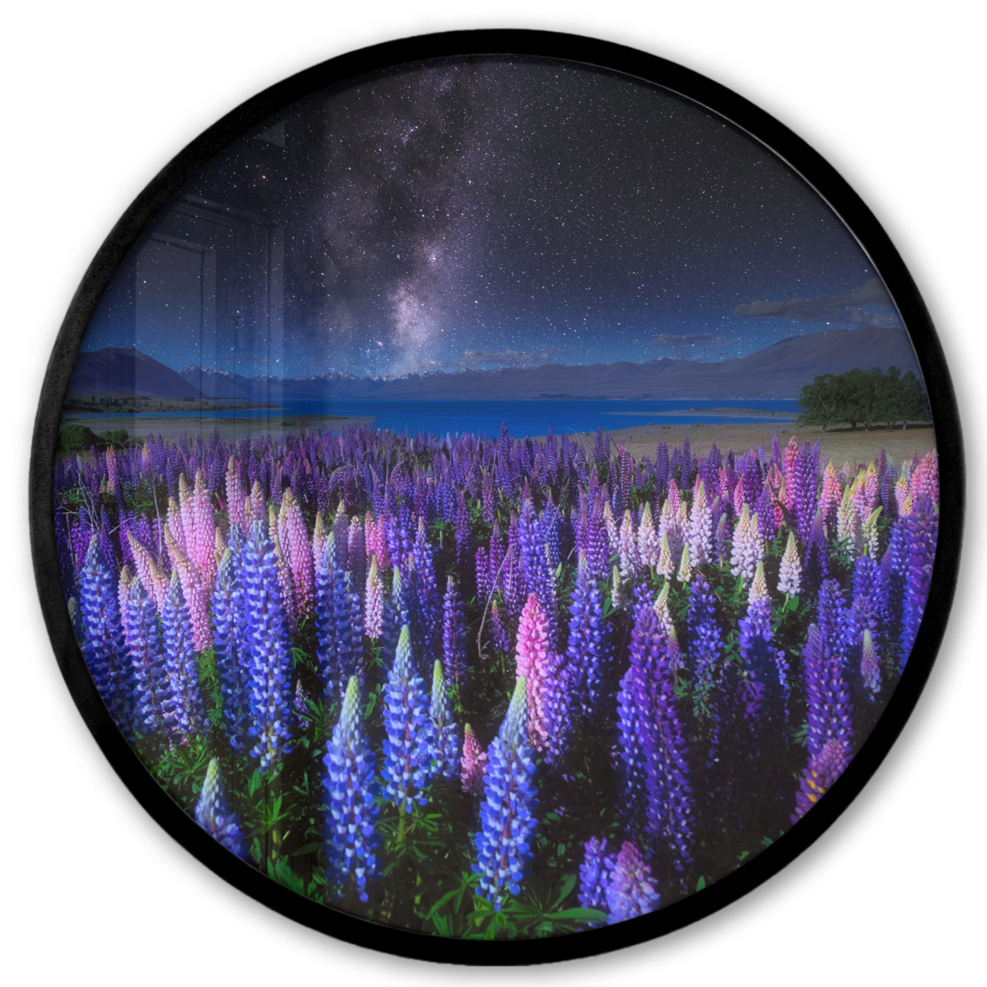 Poster Rund - Blumen - Nacht - Lupine - Sternenhimmel - Lila - Natur