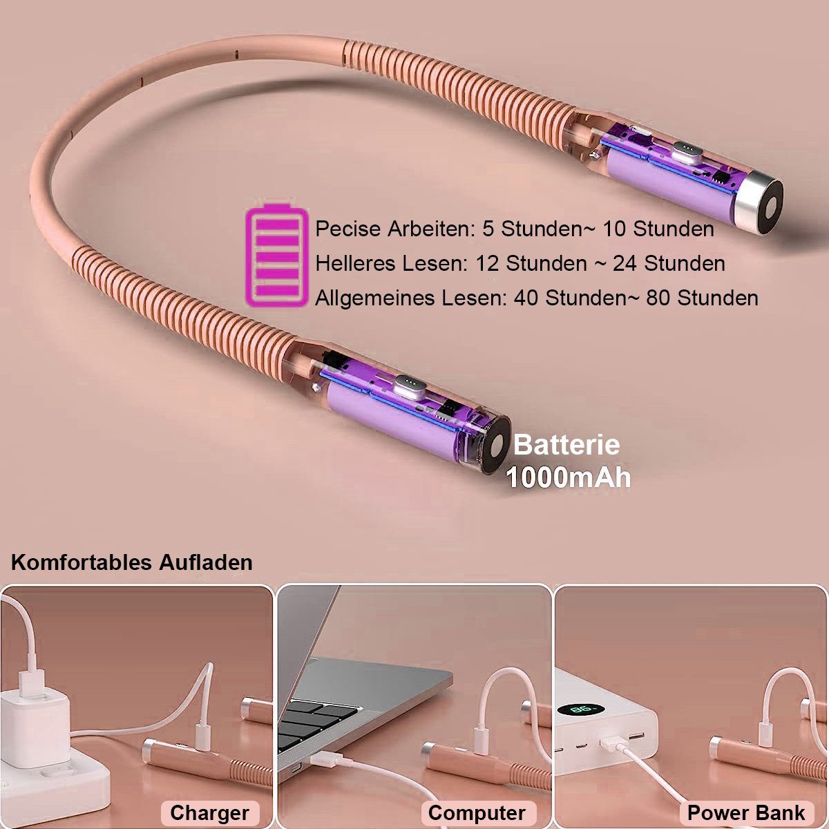 Sunicol LED Leselampe 3 Halslampe Rosa für Lesen Leselampe 3 Hals Nähen Farben Reparieren Campen und Wiederaufladbar, Stricken Häkeln Buch, Helligkeitsstufen